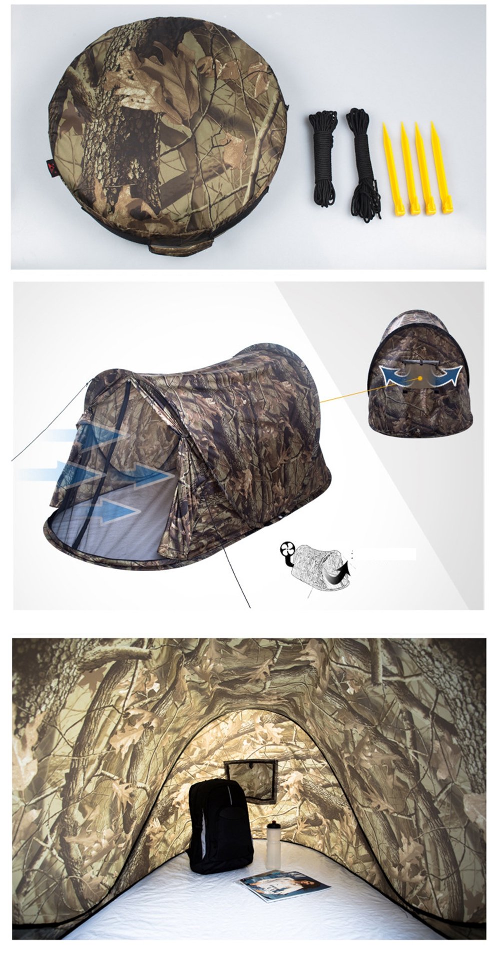 DECHO-C Ultralight camouflage impermeabile pop up automatica tenda da campeggio tenda esterna per 1 – 2 persone, Leaf