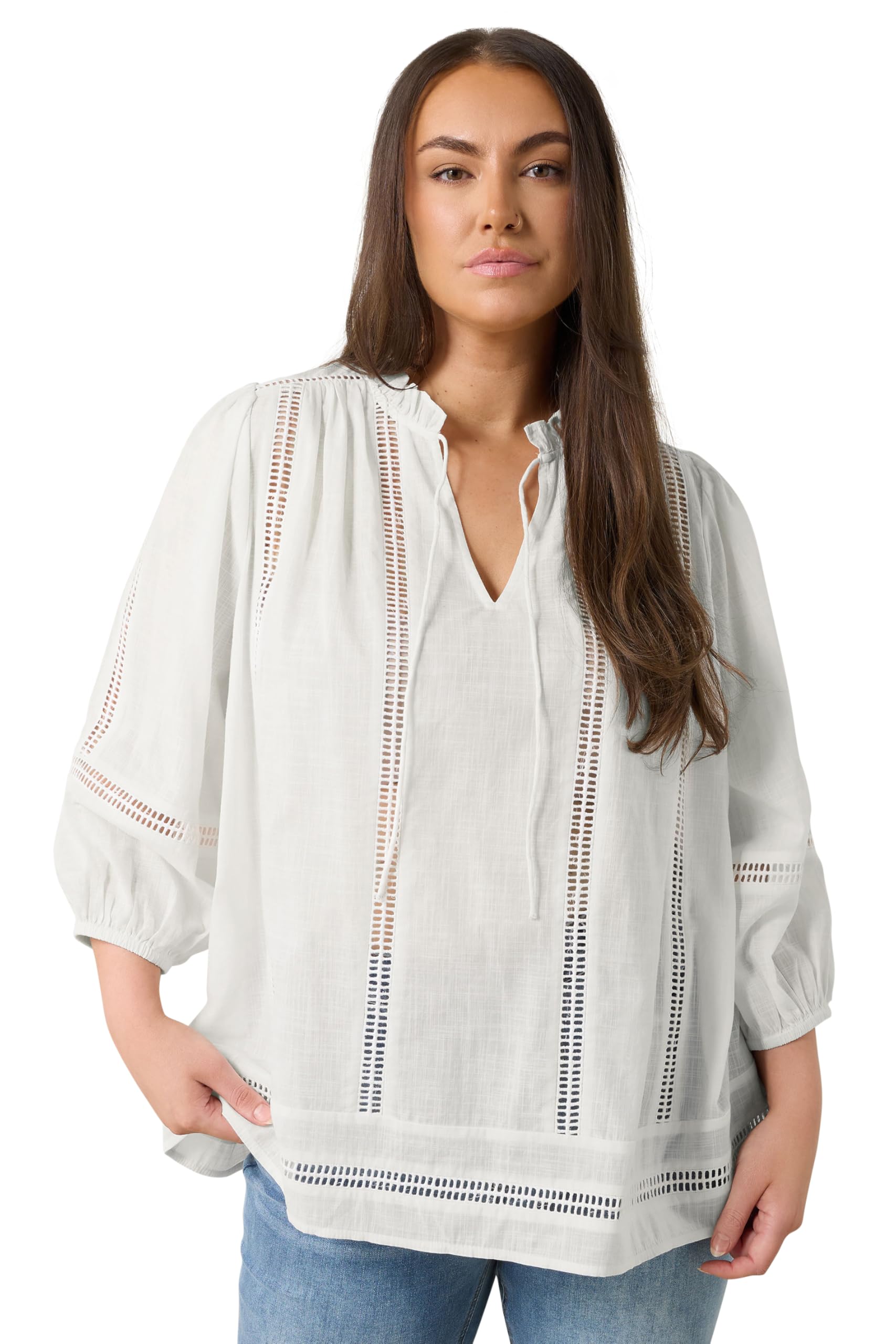 Evans Women's White Plus Crochet Trim Tie Neck Blouse Size 26-28
