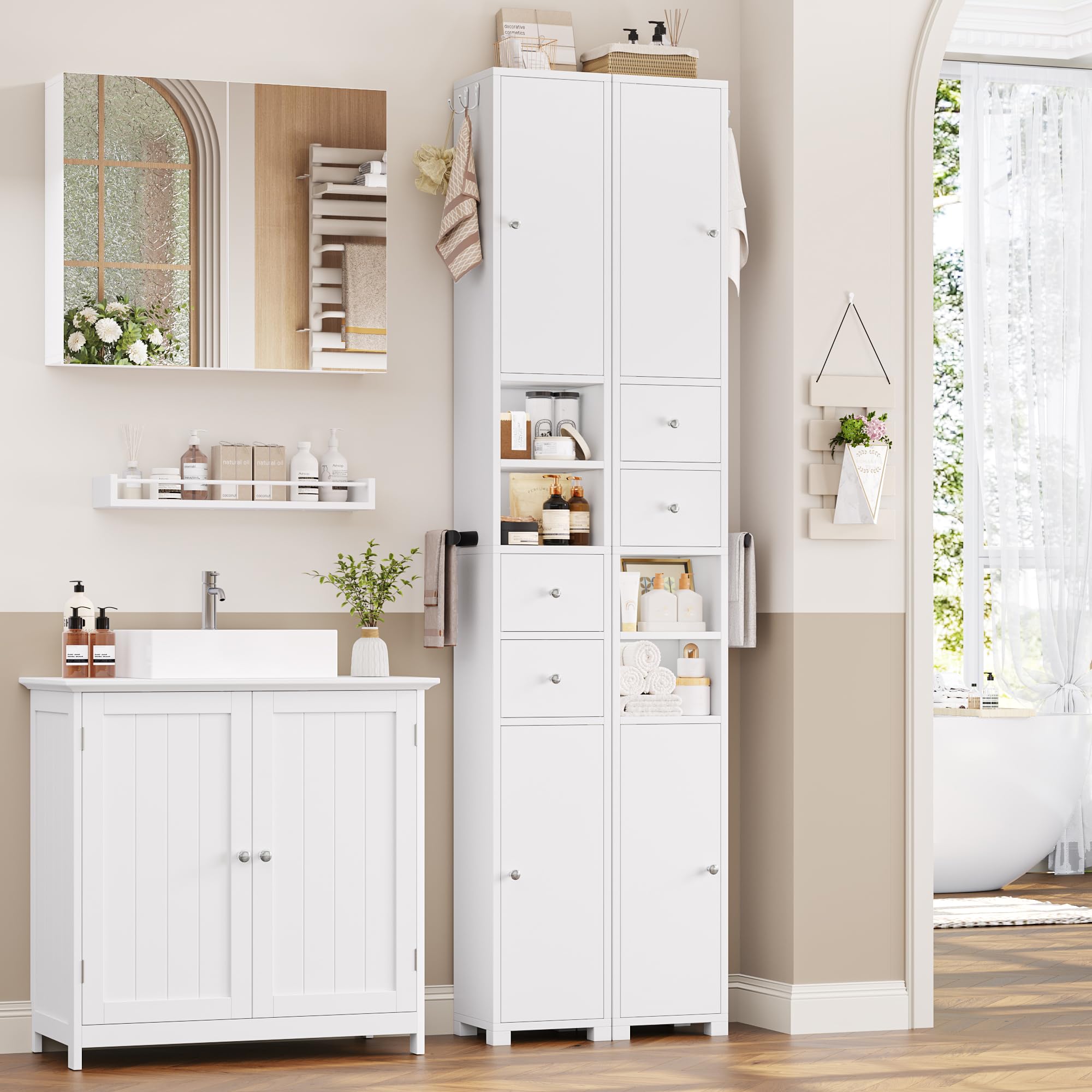 FOREHILL 181.5cm Armario Alto de Baño Armario Baño Columna Mueble Baño Estrecho, con 2 Puertas, 2 Cajones, 2 Compartimentos Abiertos, Estantes Ajustables para Espacios Pequeños Blanco, 20x20x181.5 cm