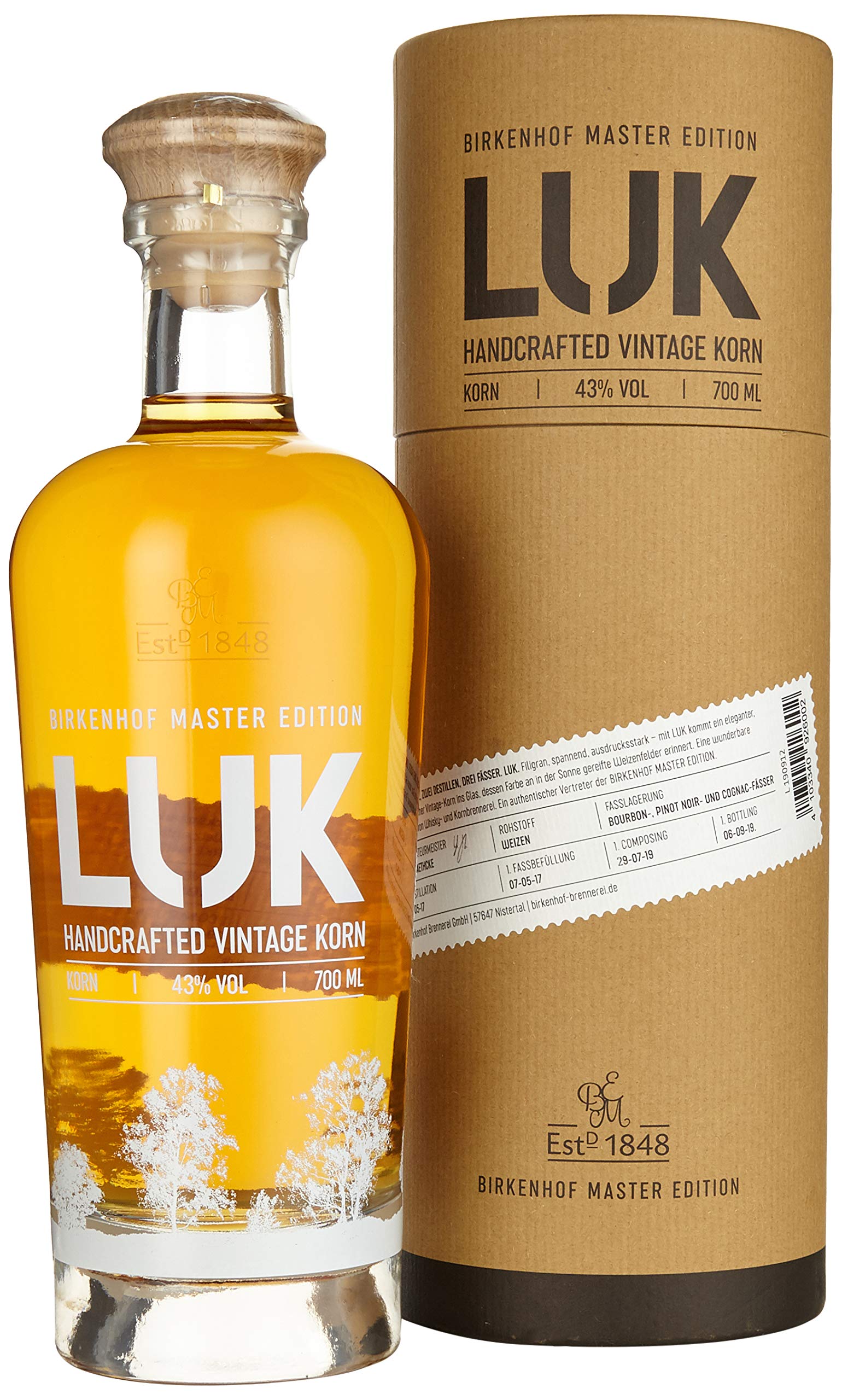 BIRKENHOF Brennerei | LUK Handcrafted Vintage Korn in Tube-Naturkarton | (1 x 0,7l ) - 43 % vol.