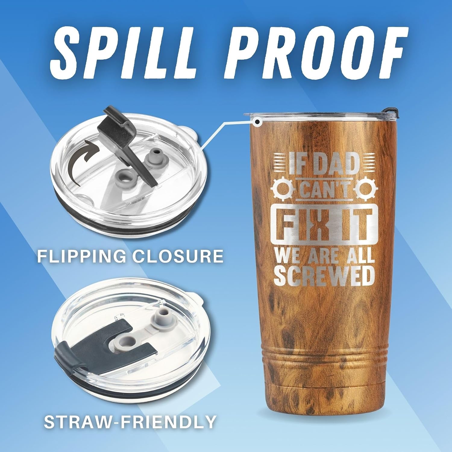 Onebttl Father's Day Dad Gifts - If Dad Cant Fix It We Are All Screwed Tumbler - Funny Wood Grain Travel Coffee Mug 20oz