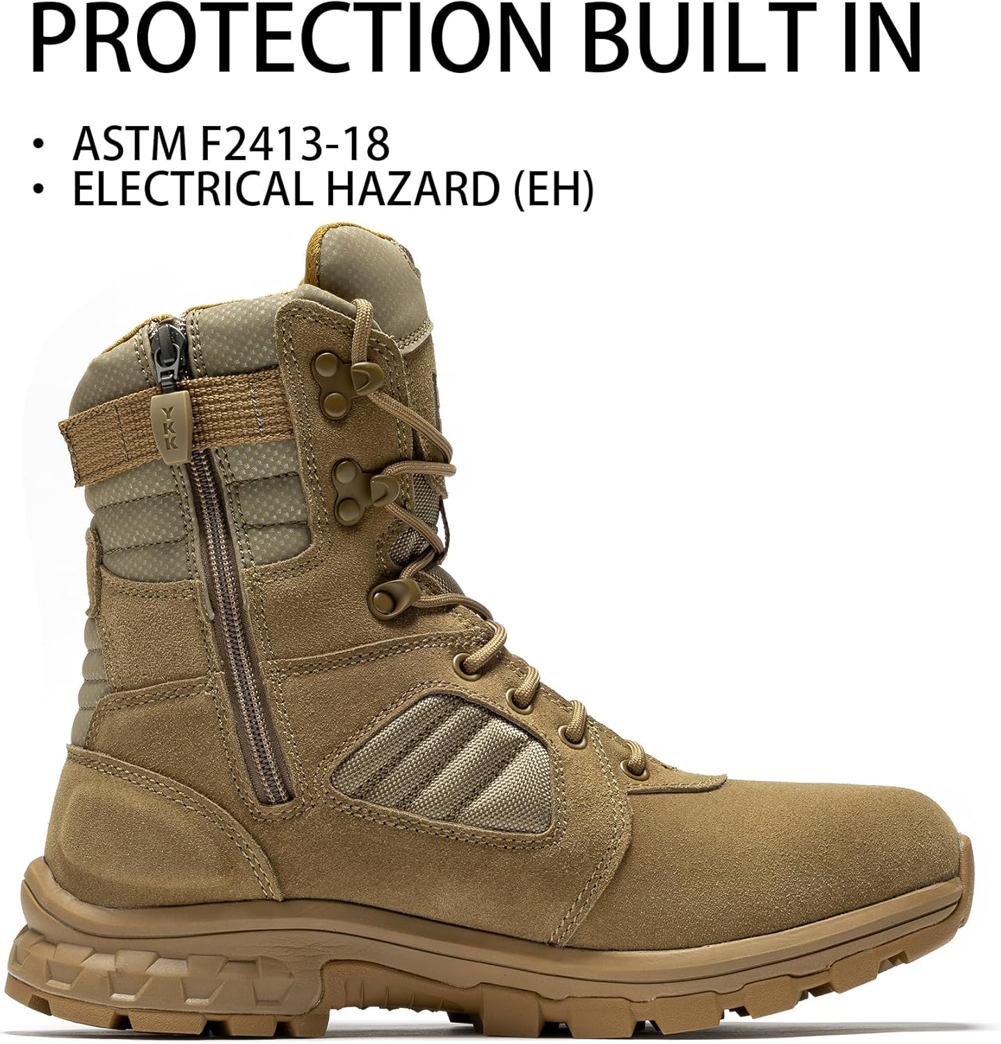 ROCKROOSTER Burano Men's 8-Inch Military Tactical Boots, Coyote Suede & Nylon, YKK Side Zipper for Easy On/Off, Waterproof with HYDROGUARD Lining, EH Electrical Hazard Safe AB540 - Image 7