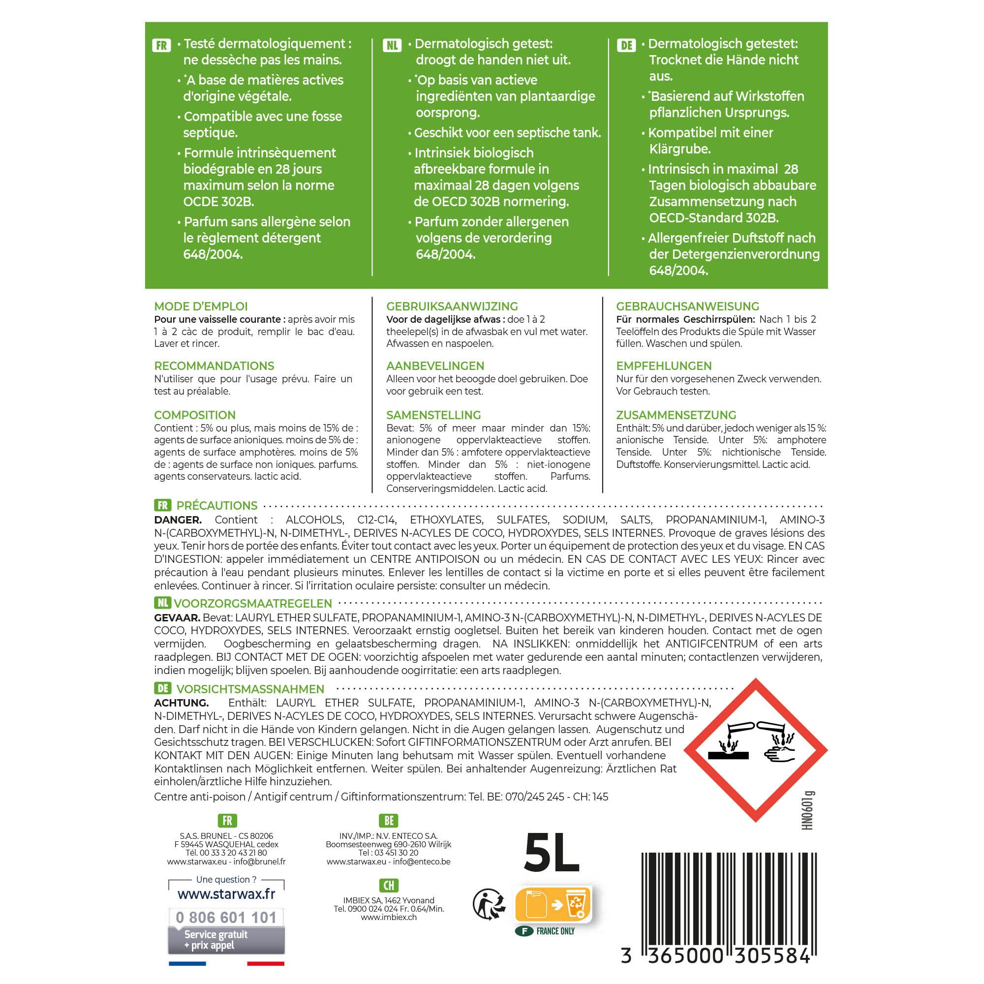 STARWAX SOLUVERT - Recharge liquide vaisselle concentré - 5L - idéal pour dégraisser en profondeur et décoller facilement les salissures - 99% d'ingrédients d'origine naturelle