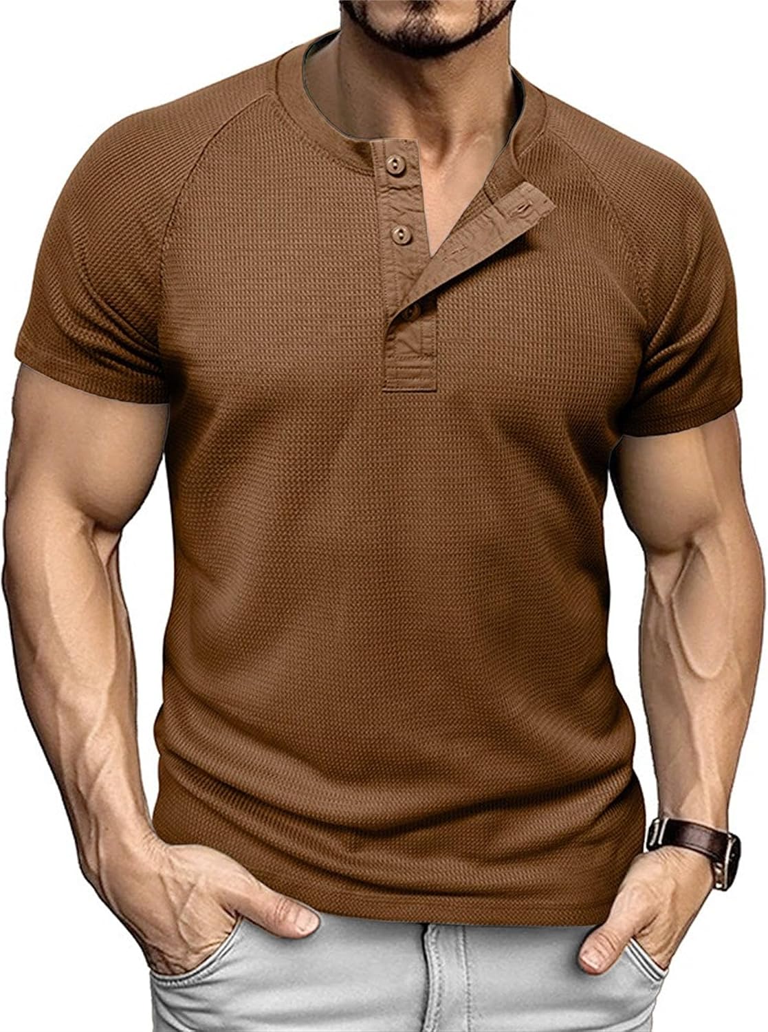 Men Quarter Button Waffle Henry Shirts Round Collar T Shirt for Business Work Summer Loose Trendy Pullover Tops