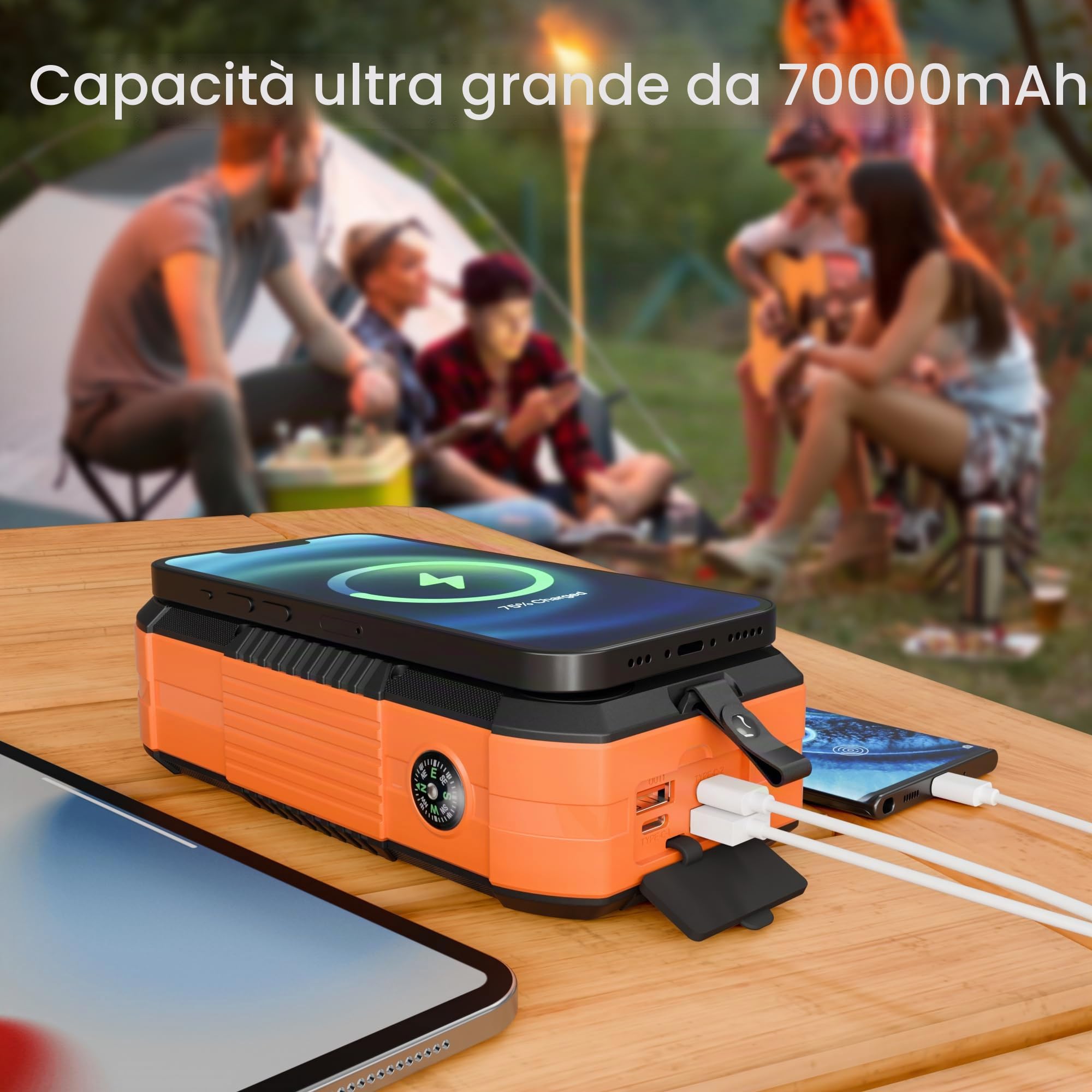 70000mAh Power Bank Solare con Ricarica Wireless 30W PD Batteria Esterna Portatile con 6 Uscite,Torcia LED Bussola e Manovella di emergenza,Ideale per Campeggio e Attività Outdoor