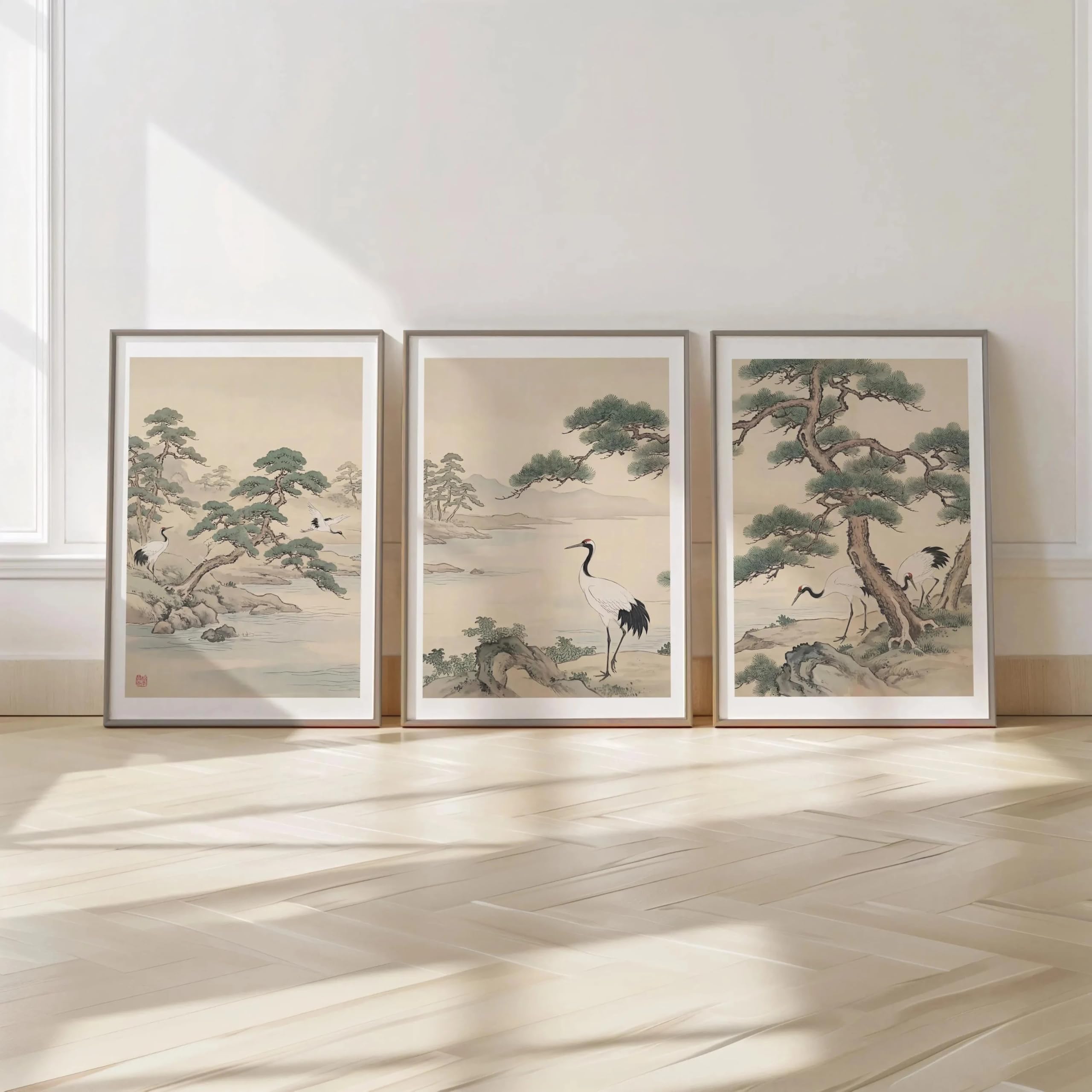 Dittelle Frameless Japanese Landscape Wall Art Set - Cranes And Pine Trees Prints - Japandi Wall Art - Asian Zen Poster Canvas Prints(60X80cm/3Pcs )