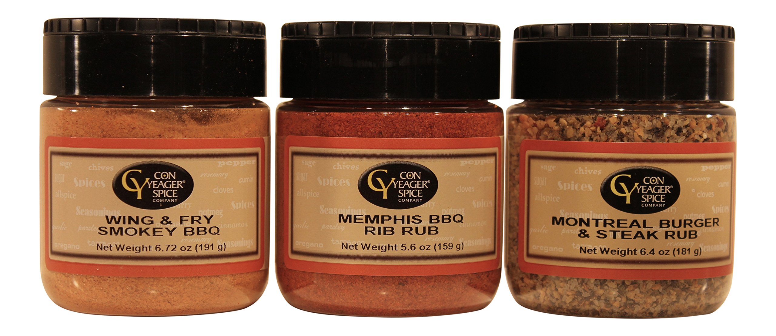 Con Yeager 3 Jar Barbecue Spice and Rub Bundle, Montreal Burger & Steak Rub, Memphis BBQ Rib Rub and Wing & Fry Smokey BBQ Seasoning