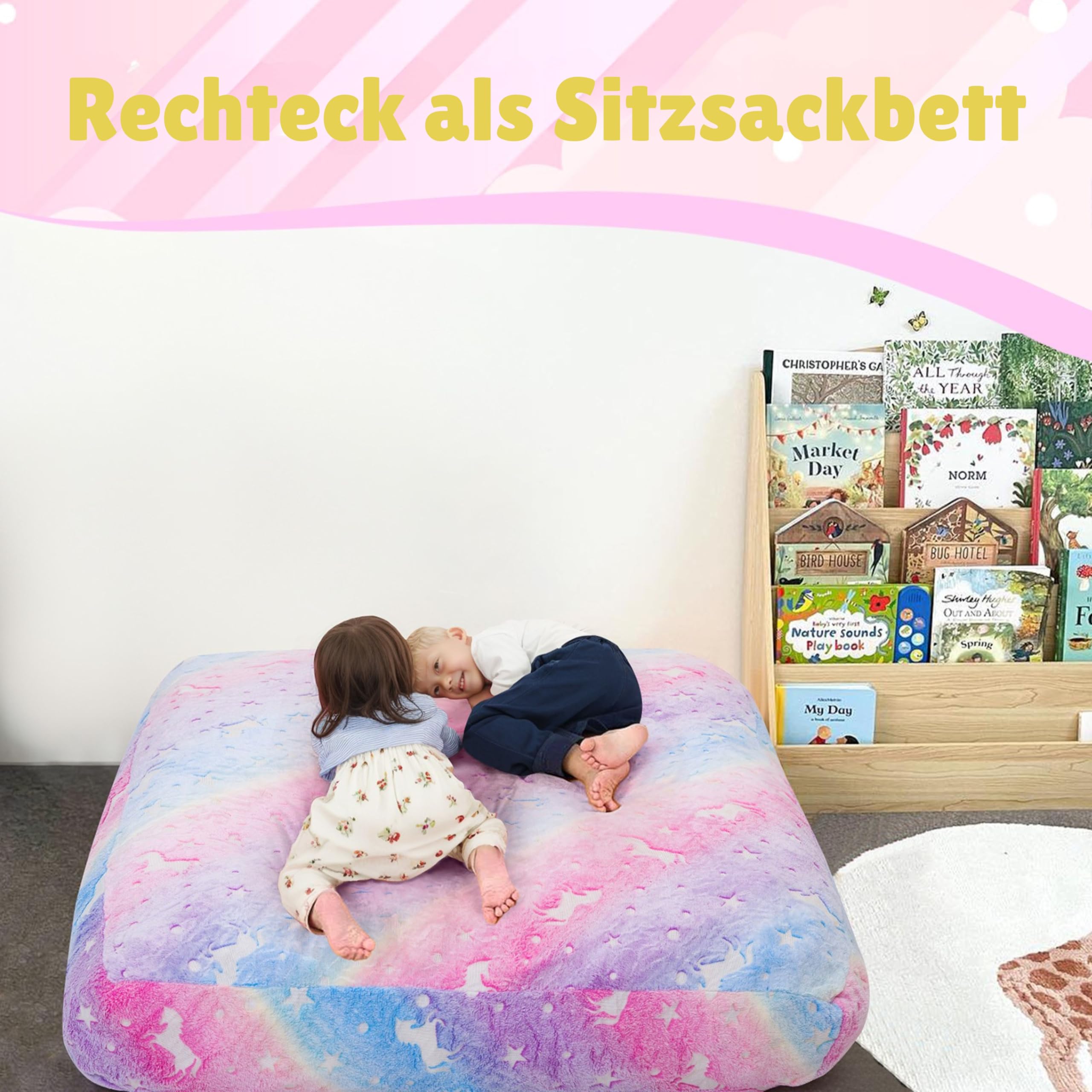 MeMoreCool Sitzsack für Kinder Flauschig mit Füllung, Kinder Sessel Sitzsackbett, umwandelbarer Sitzstuhl in Bodenmatratze, Sitzsäcke fürs Kuschelecke Kinderzimmer für Mädchen und Jungen, Regenbogen