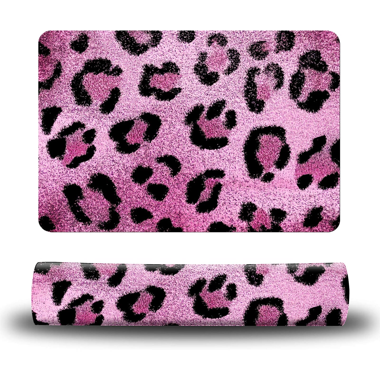 Dikoer Dog Food Mat, 19.6" x 23.6" Absorbent Pet Feeding Mat for Food and Water, Waterproof Diatom Mud Pet Placemat with Non-Slip Rubber Backing, Cat Bowl Mat for Floors - Pink Leopard Print