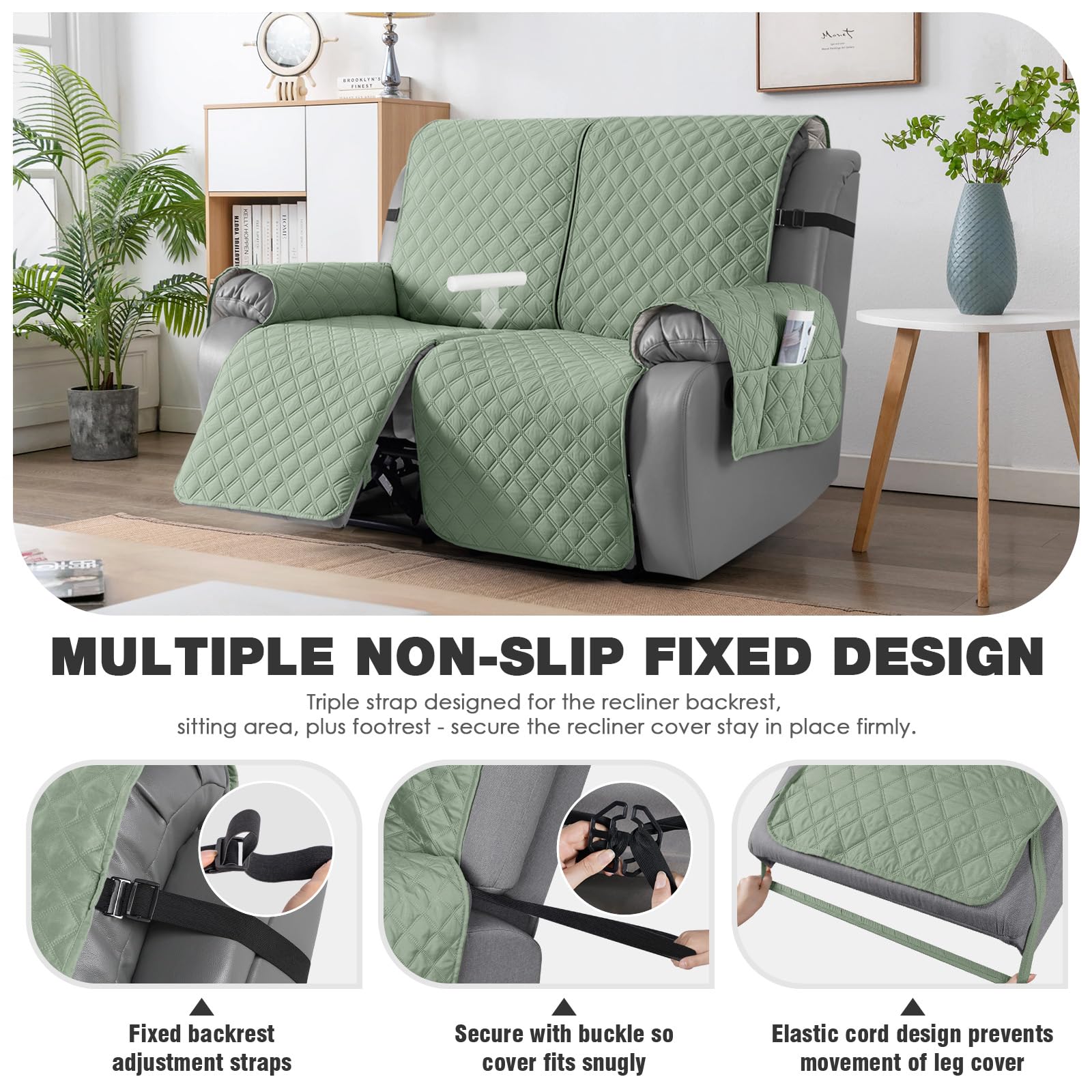 TAOCOCO 100% Waterproof Recliner Couch Covers, Recliner Sofa Covers with Leg Straps, 1-Piece Washable Reclining Sofa Cover with Pocket Couch Protector for Pets Kids(2 Seater, Sage Green) 3