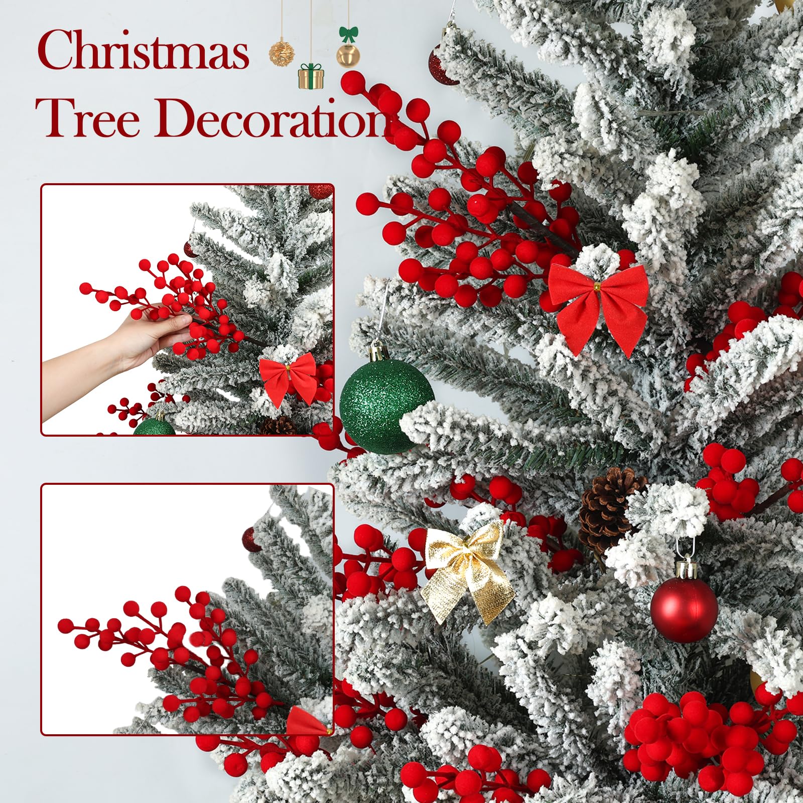 Weihnachtsbeerenstiele, rote Samt-Stechpalmen-Zweige, 8 große Stiele/32 kleine Stiele, künstliche Weihnachtsspieße, abnehmbare künstliche Beerenzweige für Weihnachtsbaum, Dekoration, Kranzgirlande