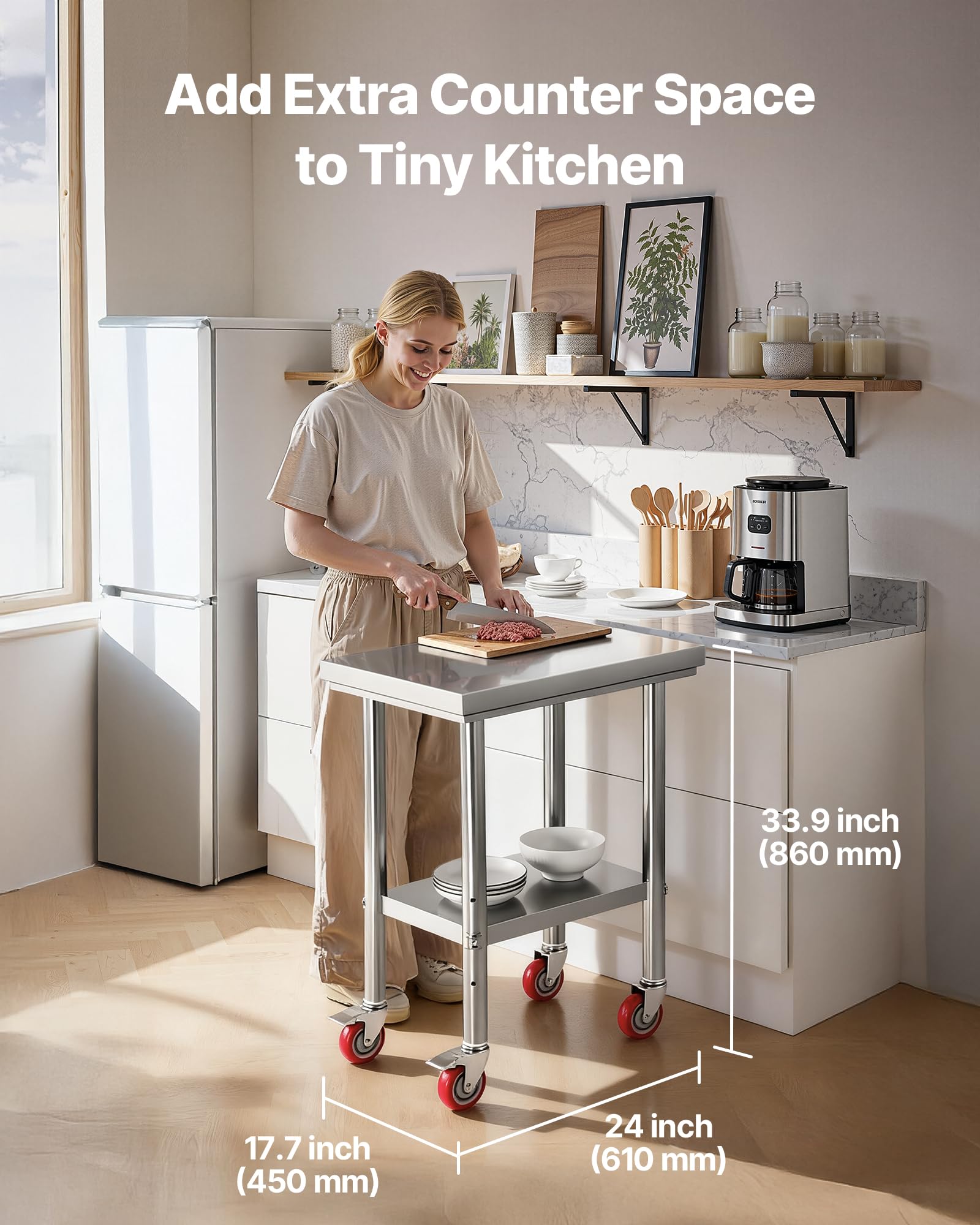 VEVOR Mesa de Trabajo de Acero Inoxidable, Mesa de Preparación con 4 Ruedas, Estantería de Trabajo de Preparación de Alimentos con Estantes Ajustables para Cocina, Garaje, Taller, 61 x 45 x 86 cm