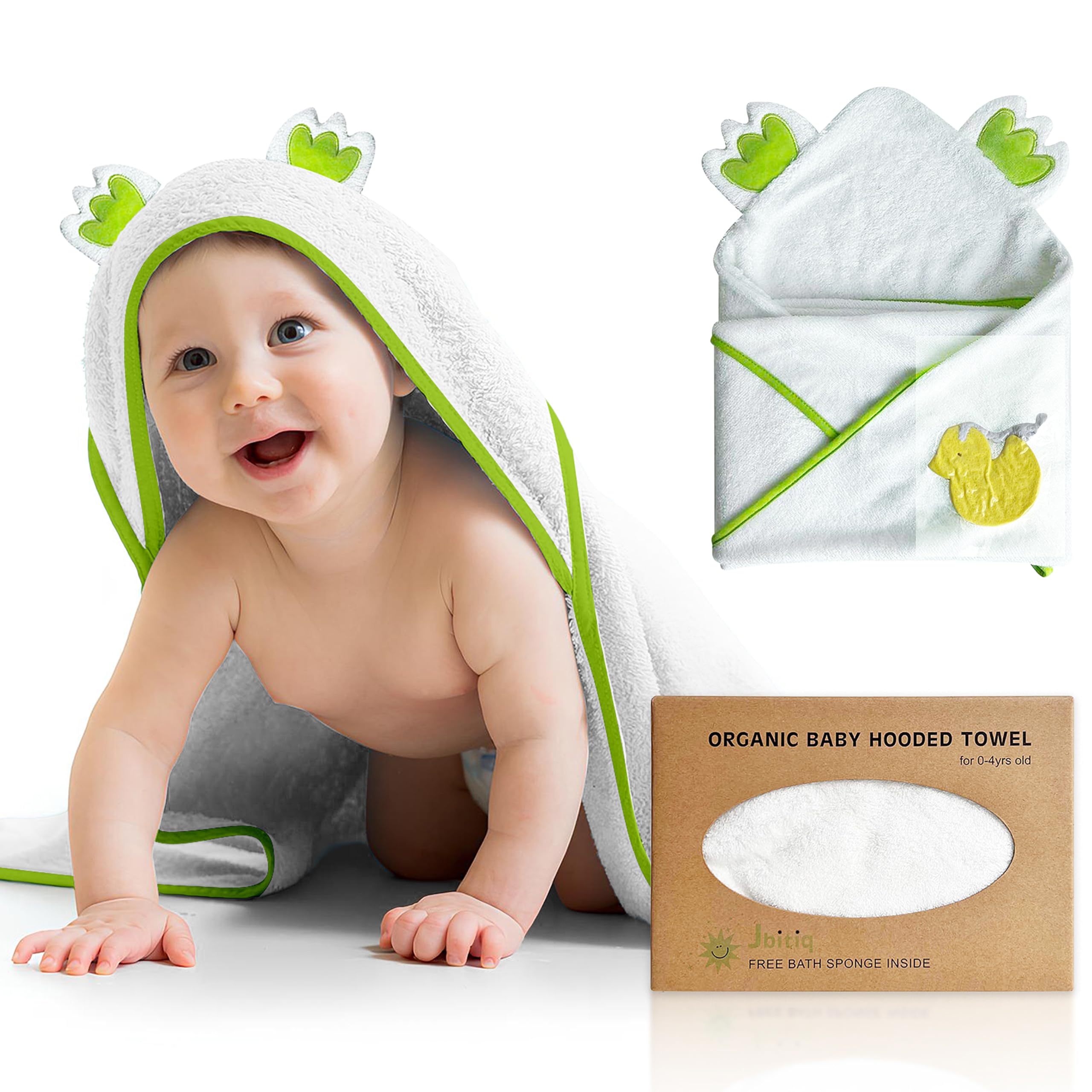 Jbitiq Baby Hooded Towels, 30x30 inches, Absorbent, with Free Bath Sponge, White, WHG01