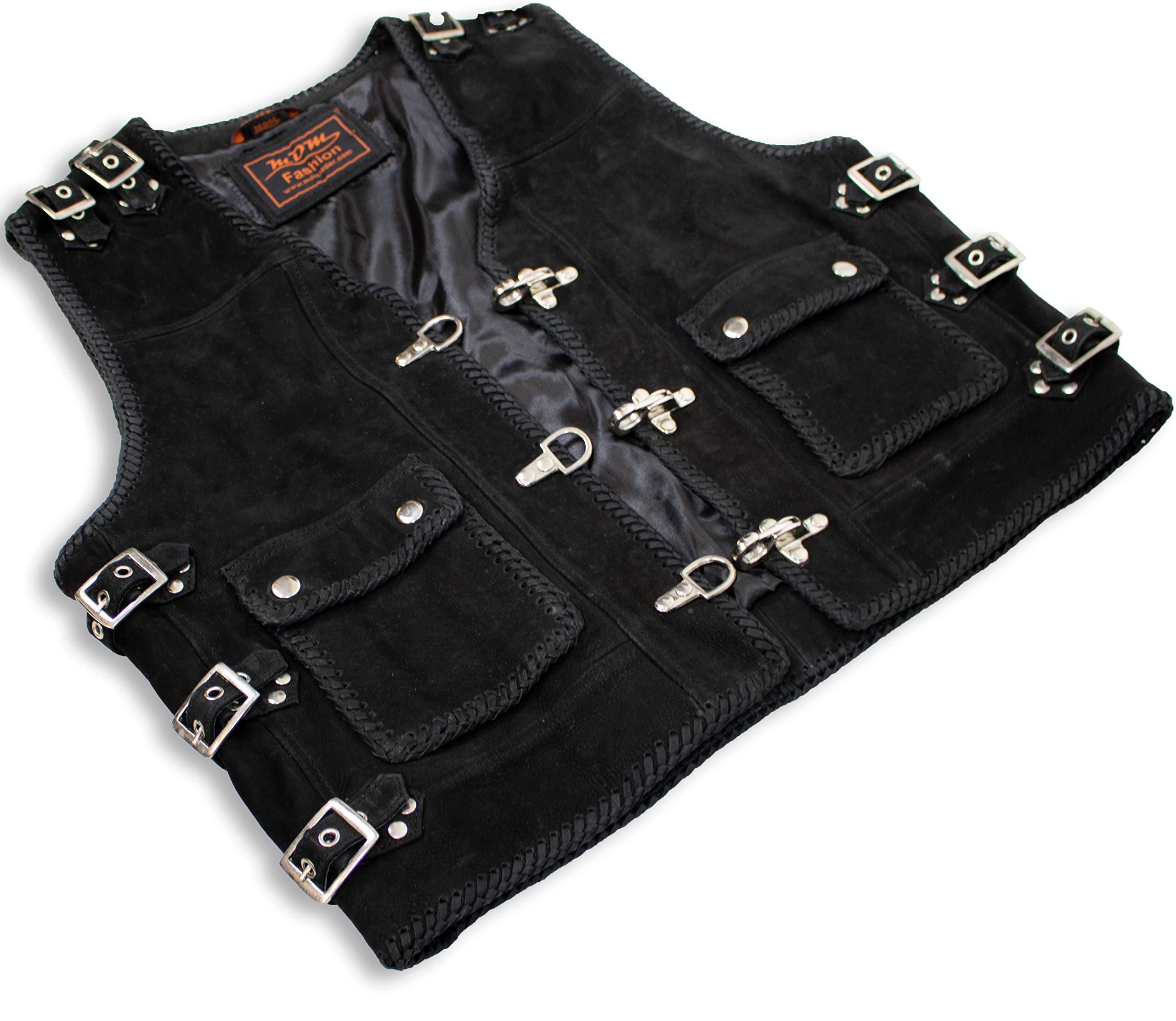 Gilet da biker con fibbie, in vera pelle di bufalo, nero opaco