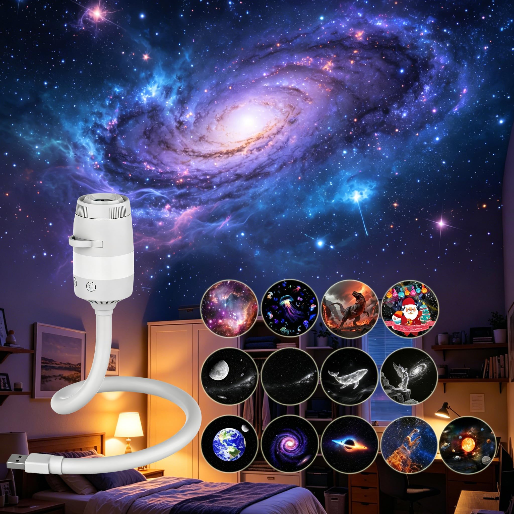 Galaxy Projector Night Light, Hd Smart Dynamic 5d Holographic Night Light Projector, USB Plug Star Projector 360° Adjustable Mini Ocean Projector for Bedroom Ceiling Wall (13 Projection Films)