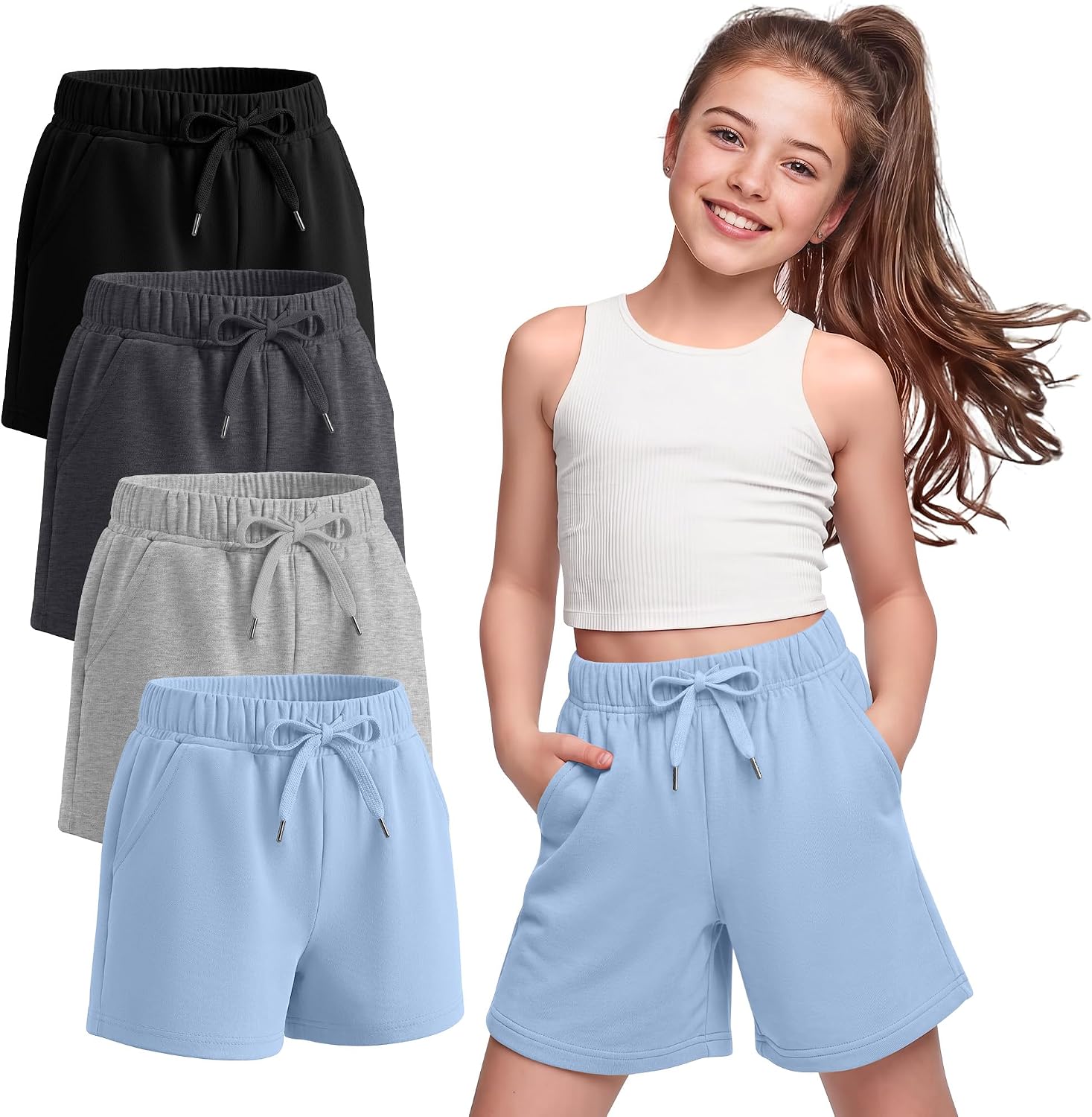 Halfchet 4 Pack Girls' Bermuda Shorts 5-14Y Knee Length Drawstring Elastic Waist Straight Leg Casual Sweat Shorts with Pocket