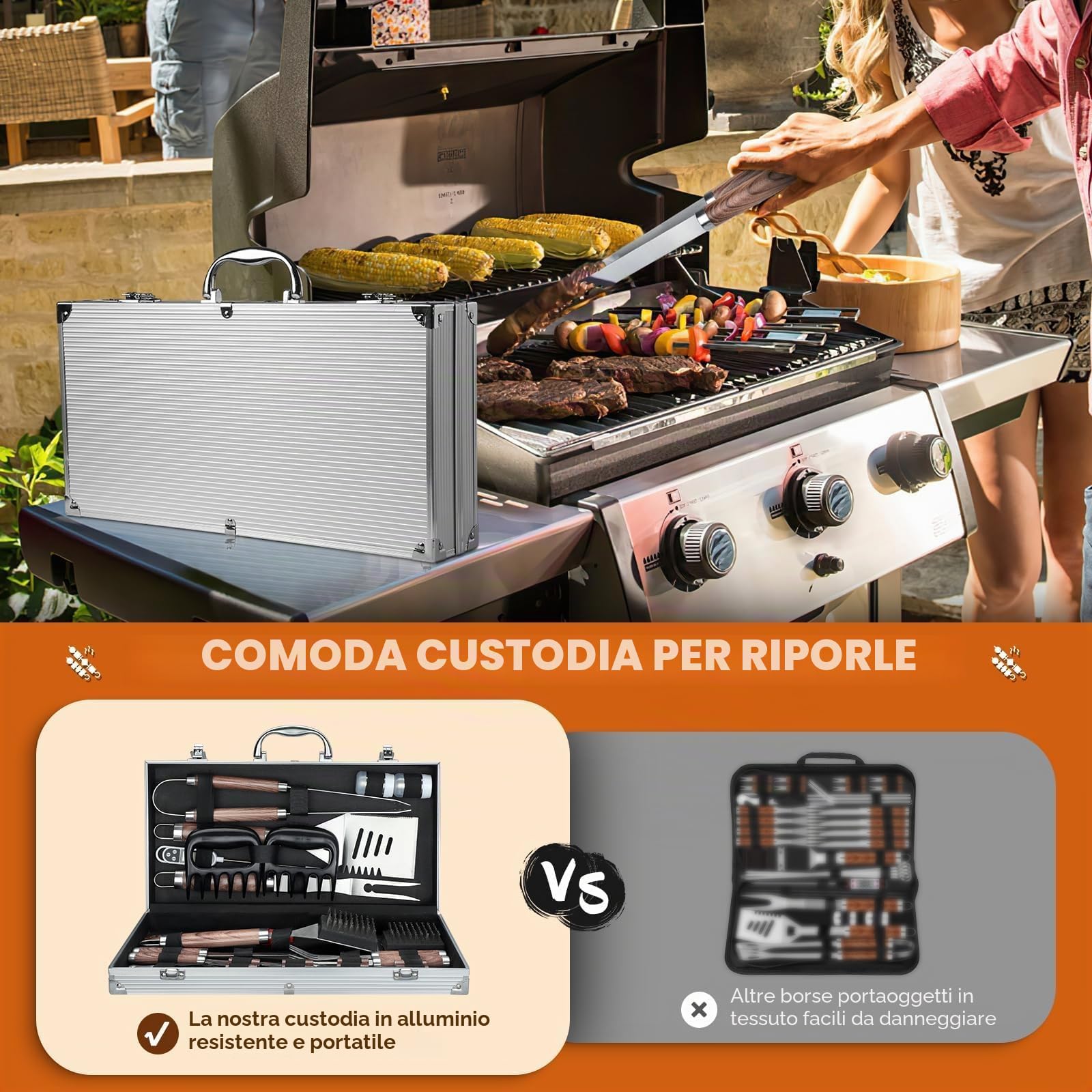 Set di posate per barbecue DRAGON RIOT in acciaio inox, set da 29 pezzi per uomini, regalo, set di accessori per barbecue premium con spatola in valigetta in alluminio, set di posate per barbecue di