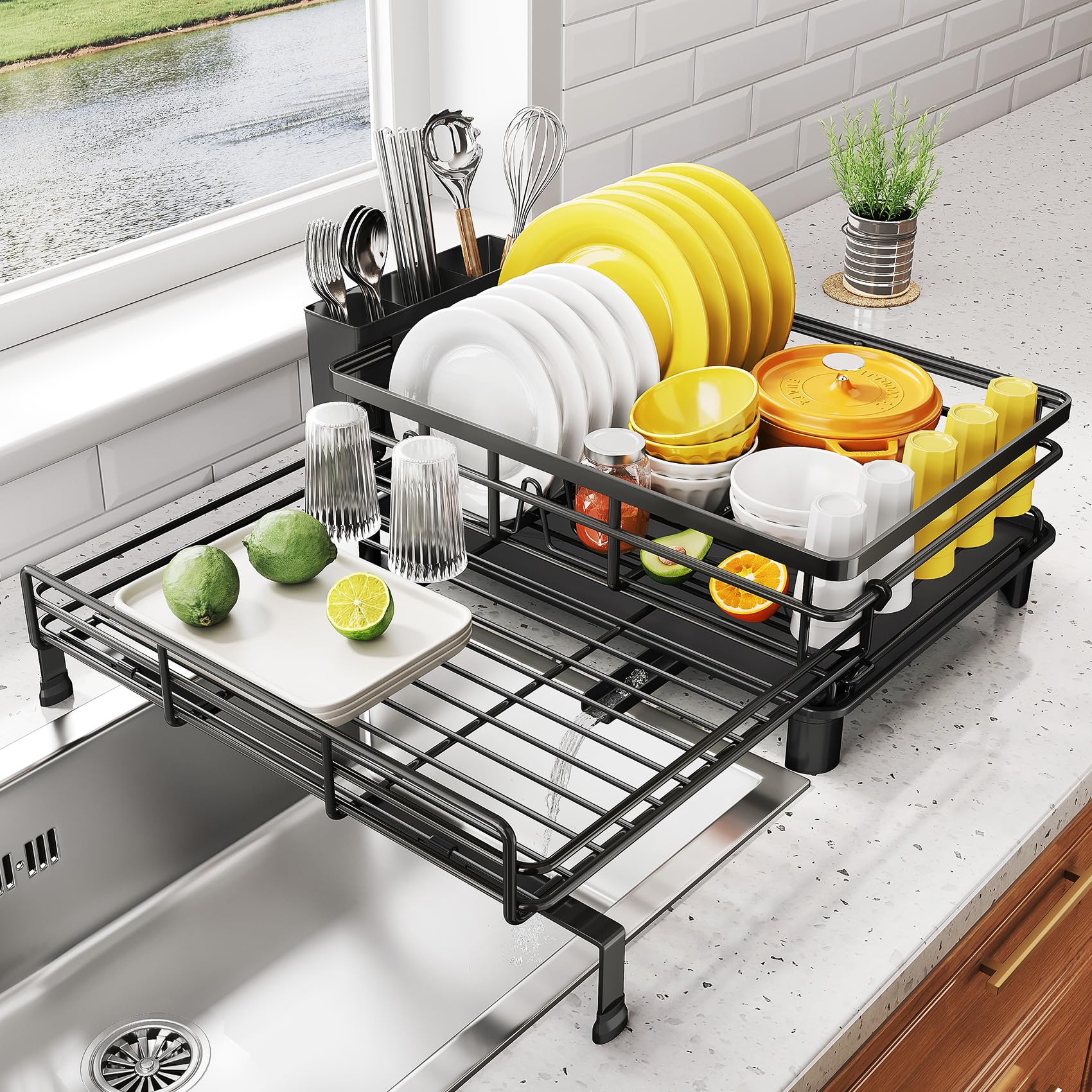Photo 1 of SNTD Dish Drying Rack - Extendable Dish Rack, Large Sink Drying Dish Drainer for Kitchen Counter, Stainless Steel Dish Strainer with Utensil Holder (Black)