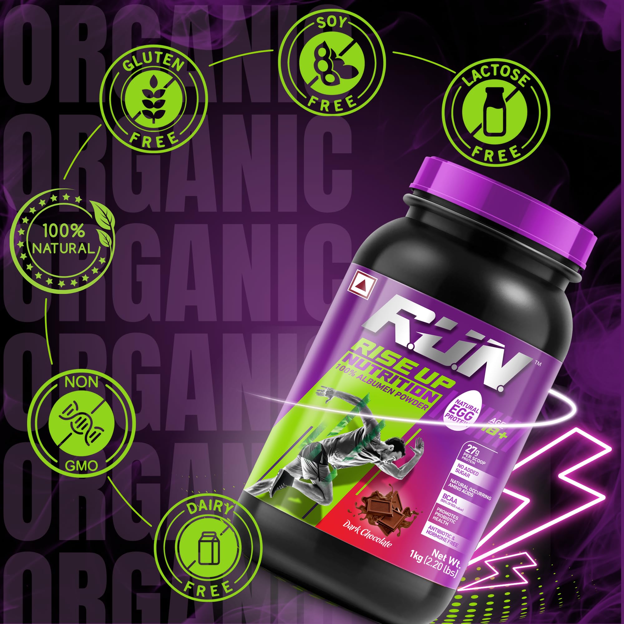 R.U.N-RISE UP NUTRITION Albumen – 100% Egg White Protein Powder | Lactose Free | No Bloating | Lean Muscle | Fast Absorption | Whey Alternative Protein | Dark Chocolate -1kg 1