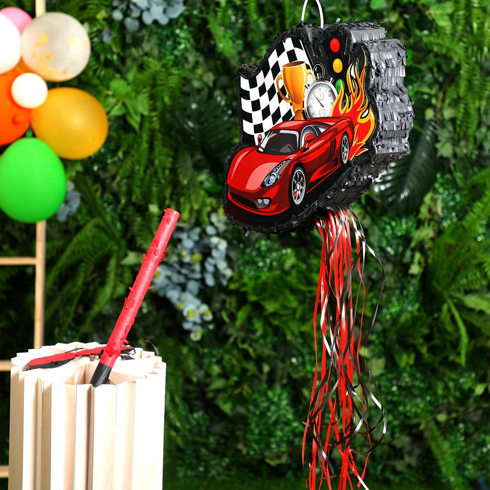 Seematn Race Car Piñata Bundle with a Blindfold, Bat and Confetti Birthday Party Supplies Small Racing Piñata for Kids Boy Construction Party Favors Decor