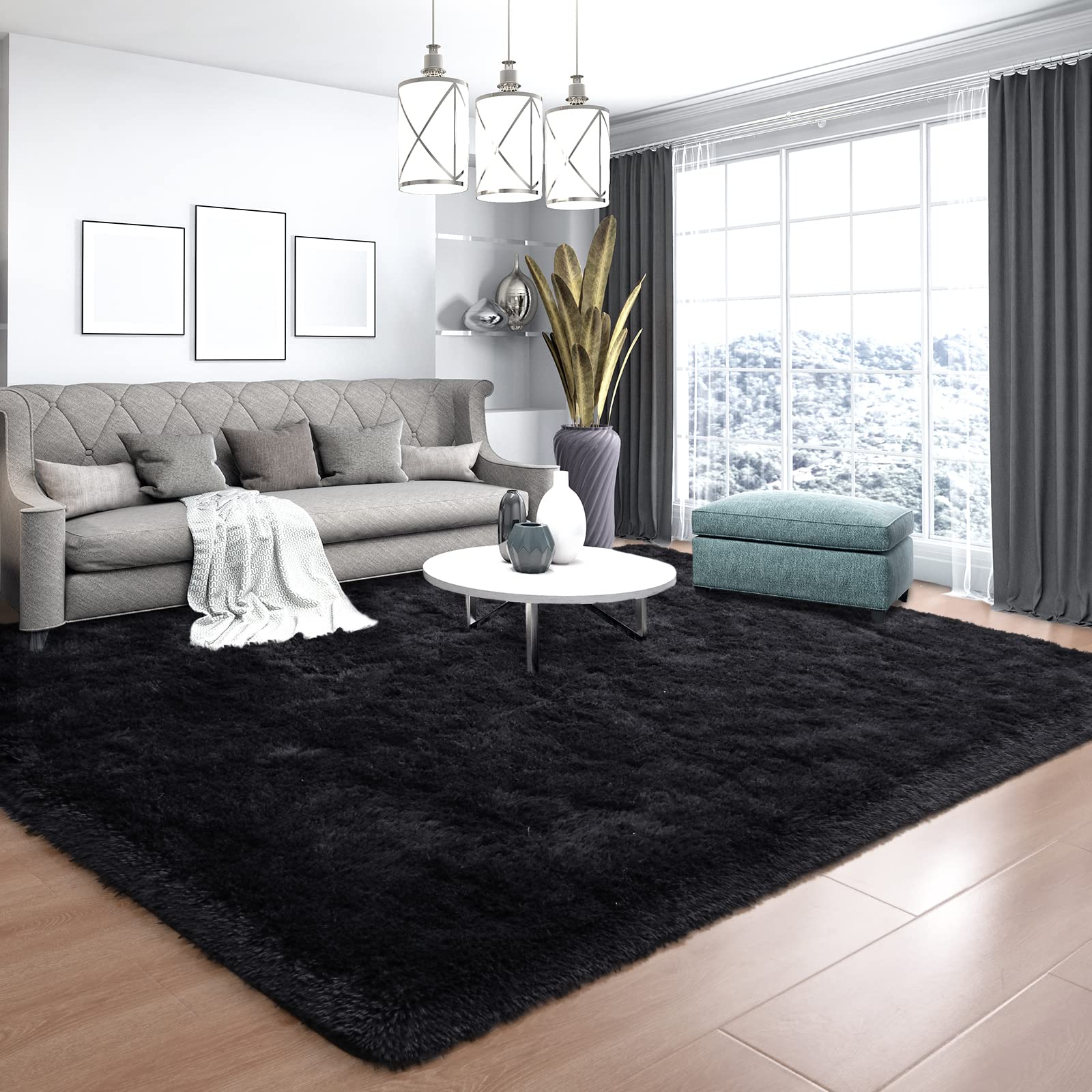 ultra soft black rugs for bedroom 8x10 feet, fluffy shag area rugs for living room, large comfy furry rug for boys kids baby room decor, non slip nursery rug modern indoor fuzzy floor carpet