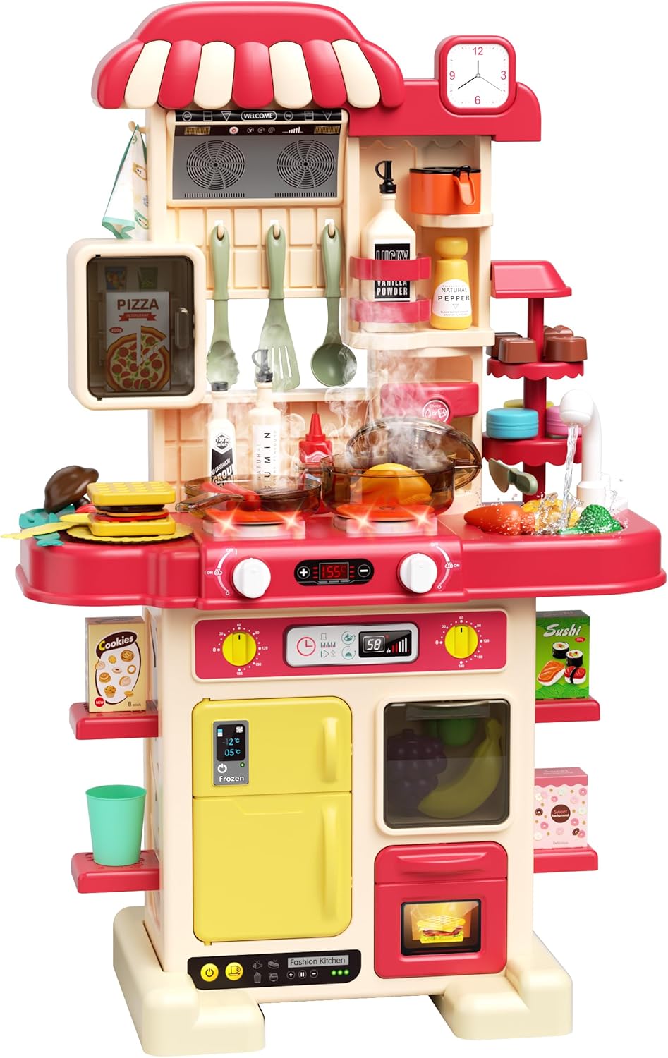 Kitchen Playset for Boys & Girls, Kid Play Kitchen with Realistic Lights & Sounds, Spray Sink Toy Kitchen Accessories, Pretend Food Toys Kitchen for Toddlers Age 1-3(Red)