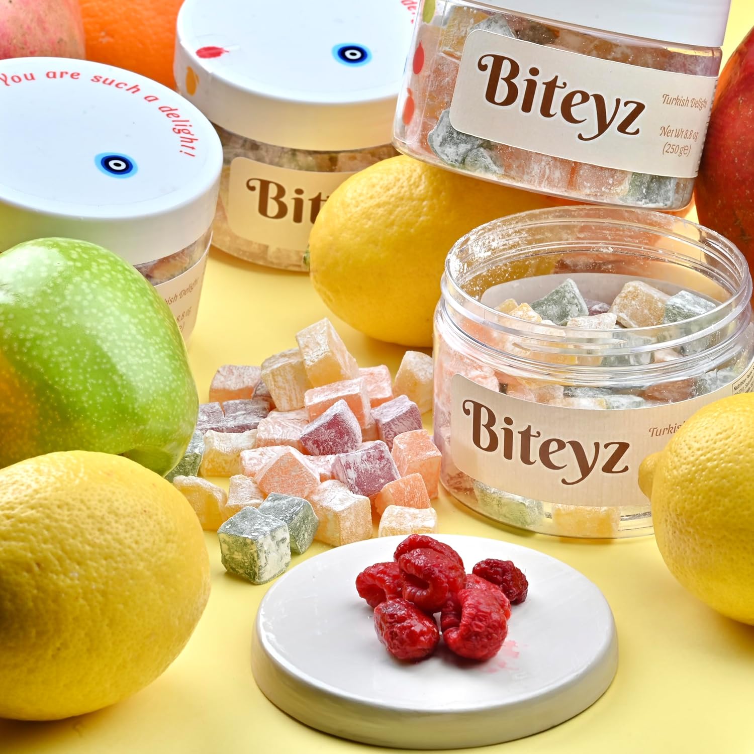Biteyz Mini Turkish Delight, Vegan Candy Gift - Assorted Gourmet Snacks with Lemon, Orange, Rose, and Mint Flavors, 6 Servings of Luxury Handmade Vegan Treats