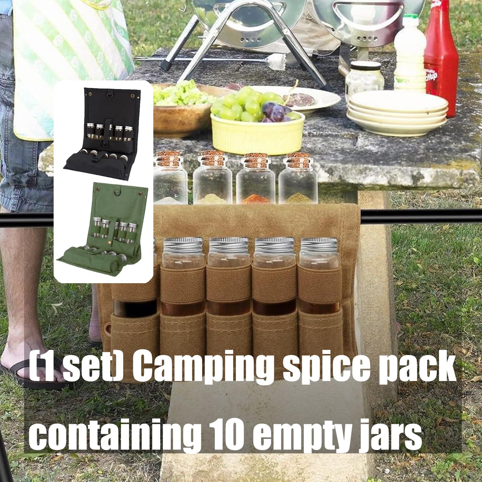 Tragbare Reise Gewürz Sets, kompakte Camping Gewürz Organizer mit 10 nachfüllbaren Gläsern für Rucksackreisen, Wandern, Mahlzeiten, Gewürzflaschenhalter, Gewürz Organizer