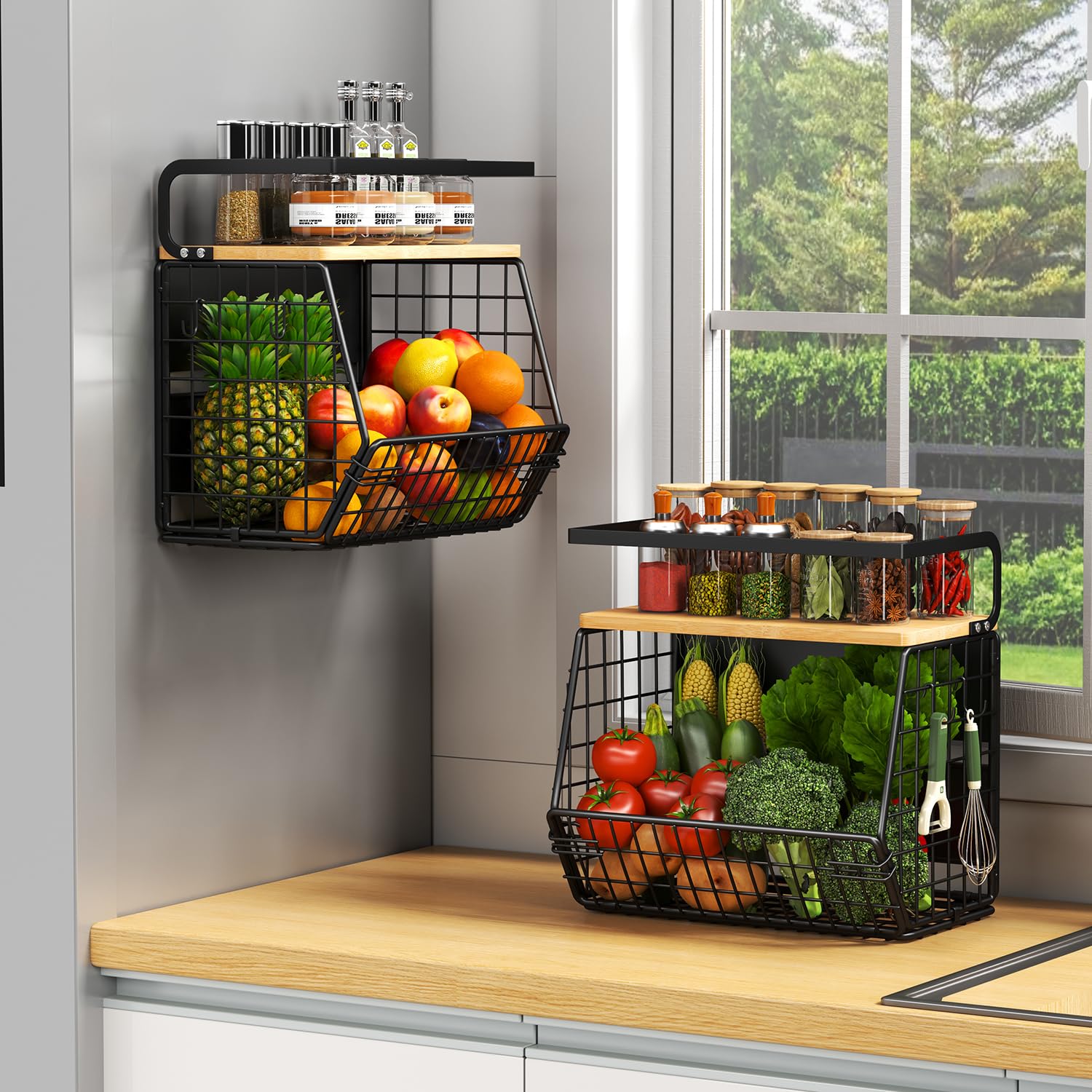 DecruKaltiz Magnetic Shelf for Fridge with Bamboo Lid,Fruit Vegetable Potato and Onion Wire Basket, Refrigerator Magnetic Spice Rack for Countertops,