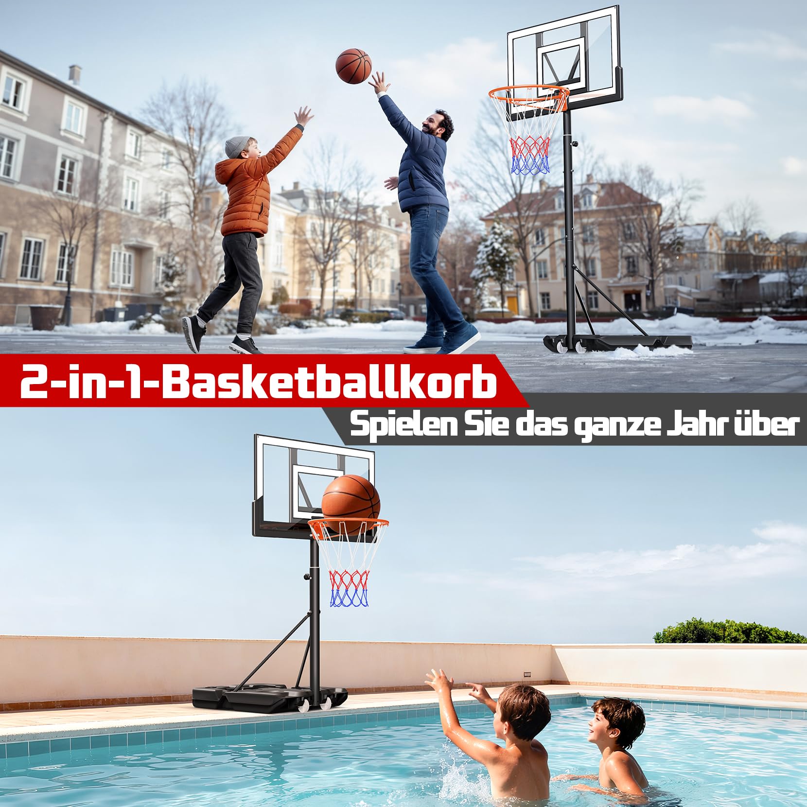 Basketballkorb Outdoor Höhenverstellbar 100-305cm mit Ständer Bruchsichere Rückband Wetterfest Netz