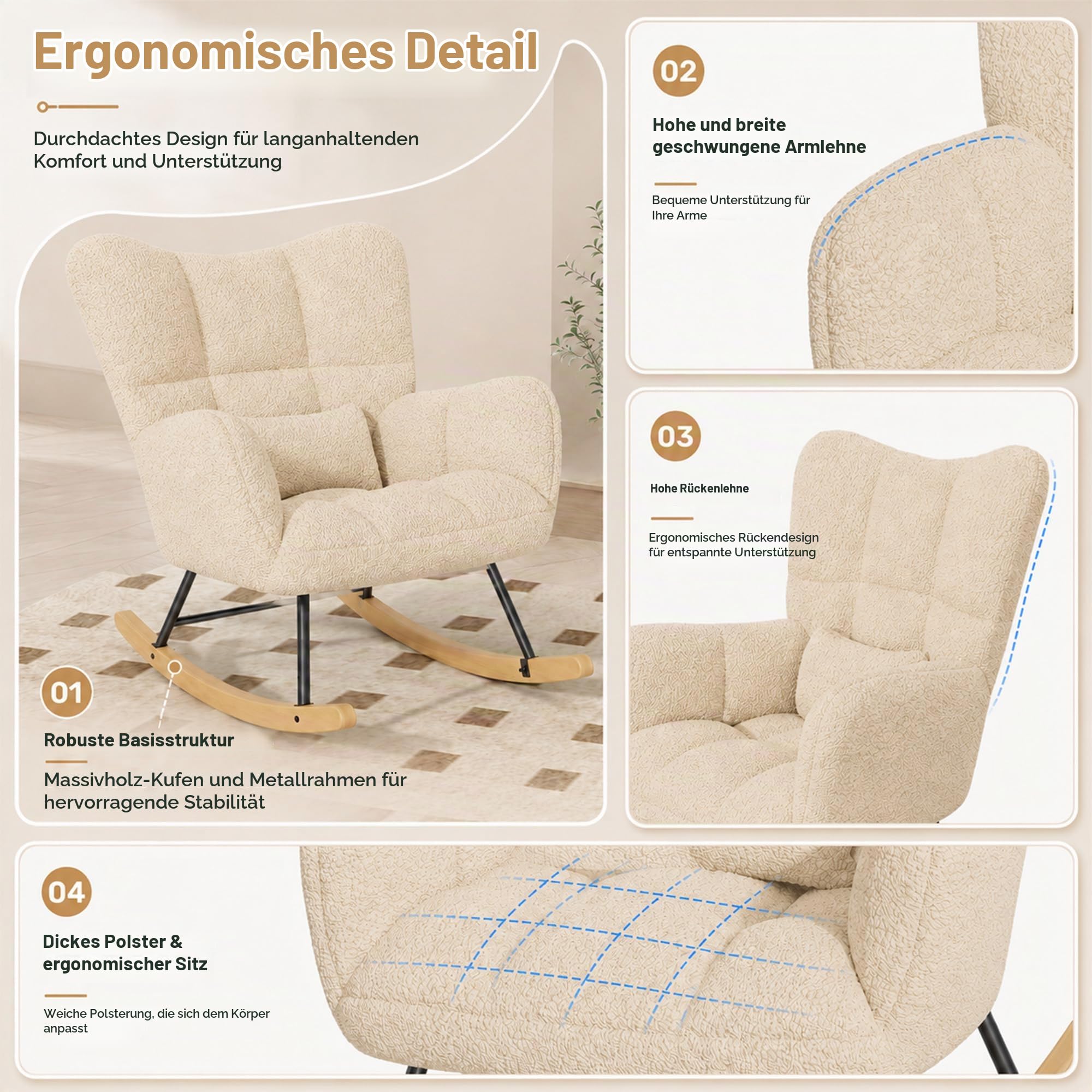 Schaukelstuhl, Loungesessel, Stillstuhl, Wohnzimmersessel, Schaukelsessel aus Teddy-Stoff mit Metallgestell & Holzschaukel und Lendenkissen, Beige