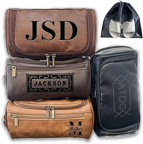 Personalized Leather Toiletry Bag For Men with Hook, Groomsmen Gifts Travel Bag Laser Engraved Name Monogram Leather Gift Anniversary Gift For Him
