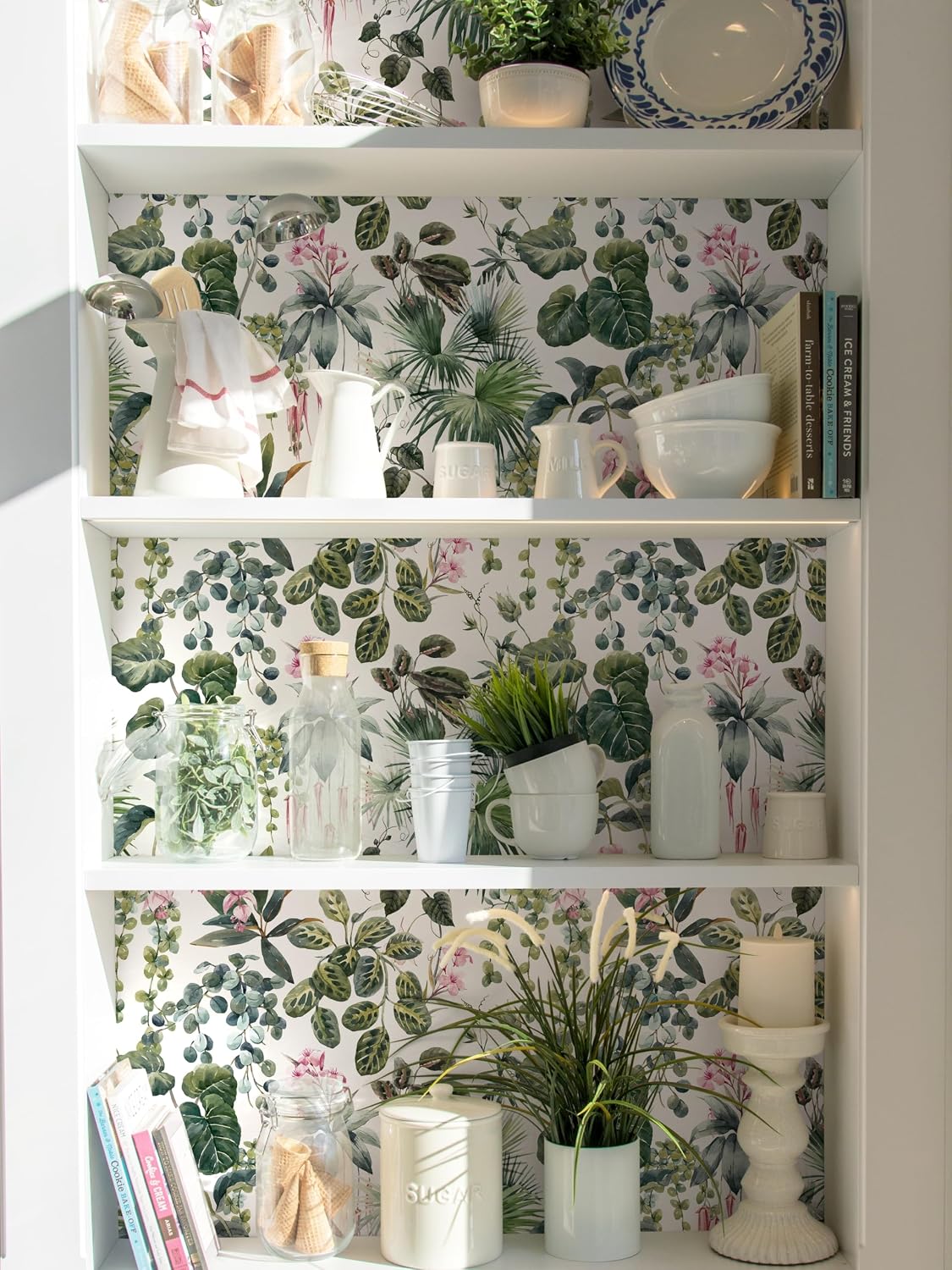 Ismoon Floral Peel and Stick Wallpaper - Jungle Leaf Peel and Stick Contact Paper, Removable White/Green/Pink Tropical Sticky Wallpaper Vinyl 16.1x118in