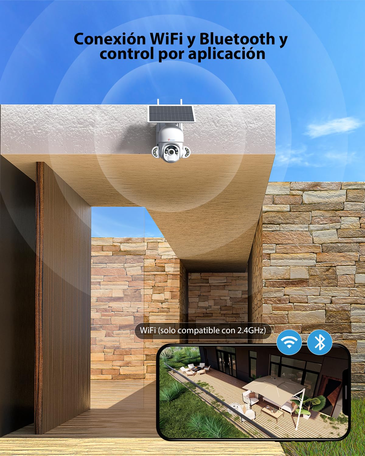 Ctronics Cámara Vigilancia Exterior con Panel Solar 6W, Cámara PTZ 3K 5MP | HD, Detección PIR y Humana, 10 Focos LED, Visión Nocturna en Color, Audio Bidireccional, FTP, Acceso Remoto por PC/Móvil