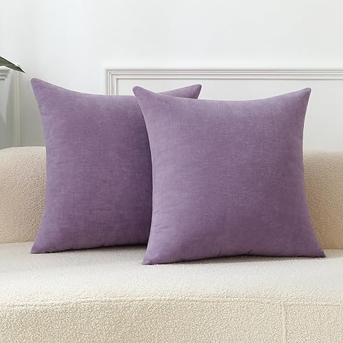 Juego de 2 fundas de cojín cuadradas de felpilla decorativas color morado claro lavanda para decoración de sofá, 18 x 18 pulgadas