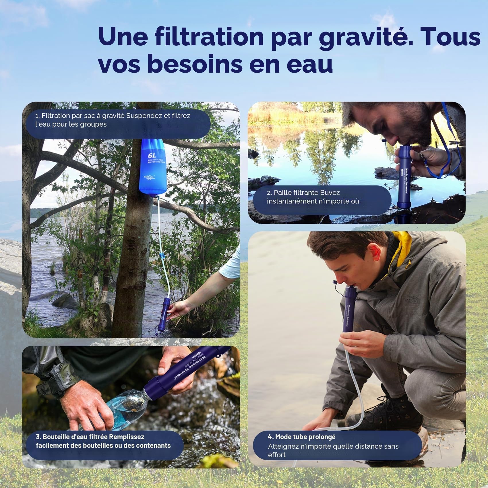 Membrane Solutions Filtre à Eau par Gravité avec 6L Sac à Eau, précision du filtre jusqu'à 0,1 micron, élimine 99,9999% de E.coli, Filtre à Eau pour l'Extérieur, Camping, Randonnée