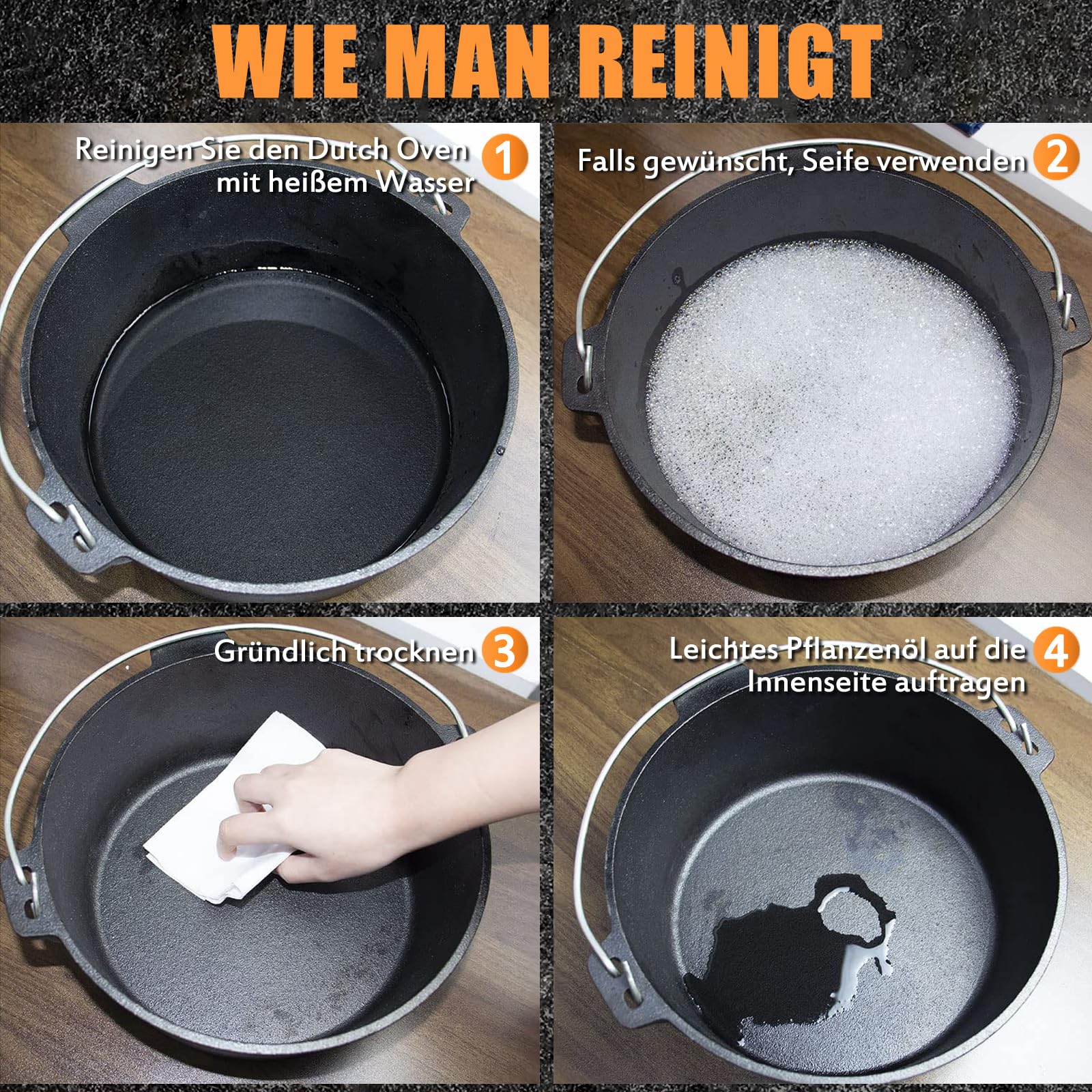 Dutch Oven, Dutch Oven Set 9 liter, Eingebrannter Feuertopf mit Deckelheber, 2in1 Gusseisen Topf mit Doppelfunktions-Deckel, Für Outdoor and Indoor, Schwarz