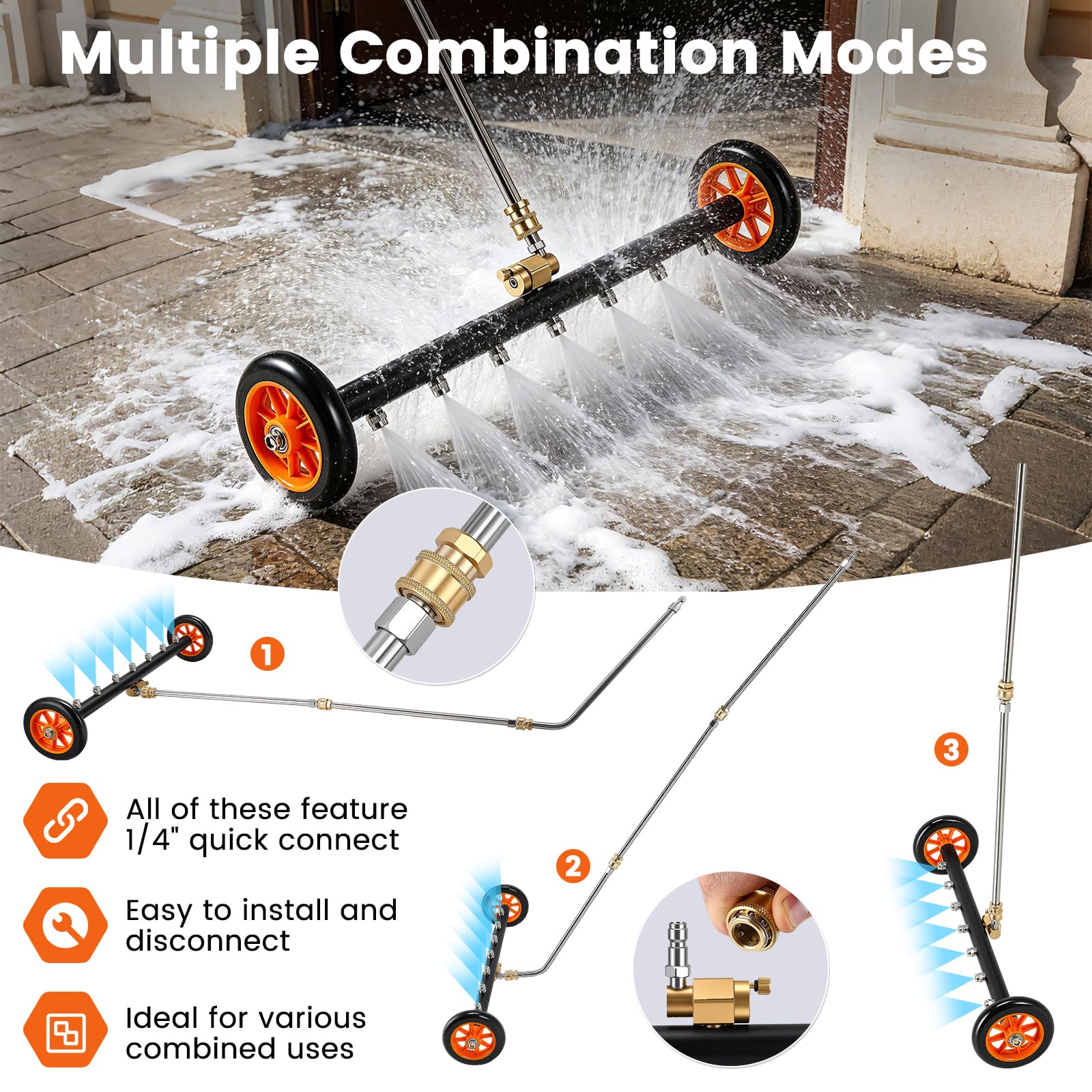 Accesorio para Hidrolavadora, Lavador Bajos Automóviles Accesorio Limpieza Bajos con 7 Boquillas, Ruedas Giratorias y 3 Varillas Extensión 4000 PSI Conexión Rápida 1/4" Doble Función 2 en 1
