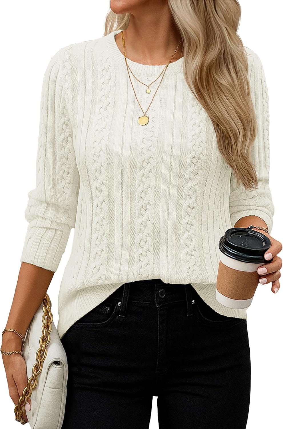 YUCOLEN Womens Sweater Cable Knit Long Sleeve Pullover Top Casual Crew Neck 2026 Spring Trendy Lightweight Outfits