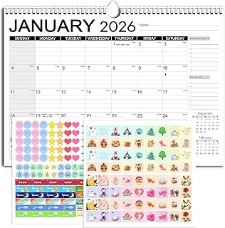Calendar 2026, Anti Ink Bleed, Durable Thick Paper, Large days Blocks, Wall Calendar 18 Months with Stickers, 17" x 12" Large Simple Style 2026 Calendars for Home, Office, Teacher Supplies- Simple