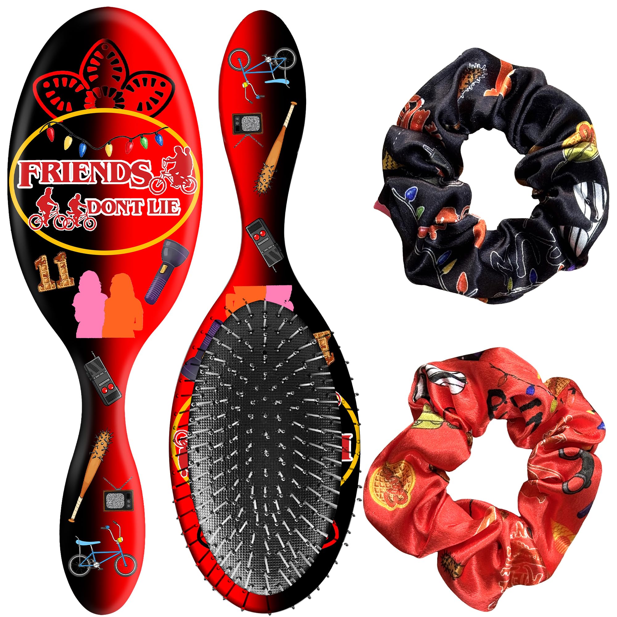 Stranger Theme Hair Brush and 2 Scrunchies Set for Girls, Soft Bristles Brush for Women & Girls, Ideal Hairbrush for All Hair Types