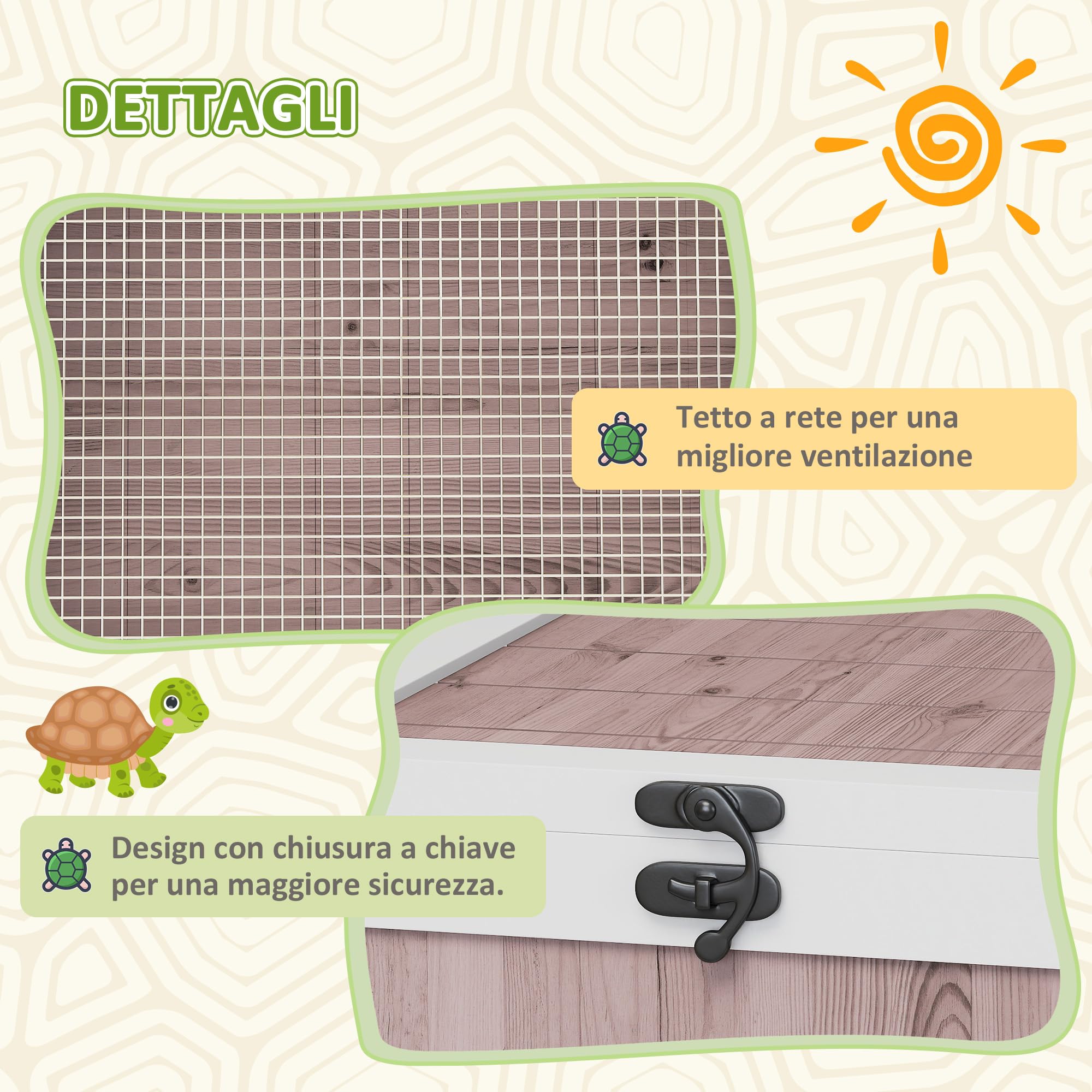 PawHut Casa per Tartarughe di Terra con Pannello Apribile e 2 Spazi Separati, Terrario Tartarughe di Terra in Legno di Abete e Acciaio Zincato, 91x60.5x32 cm, Marrone Chiaro