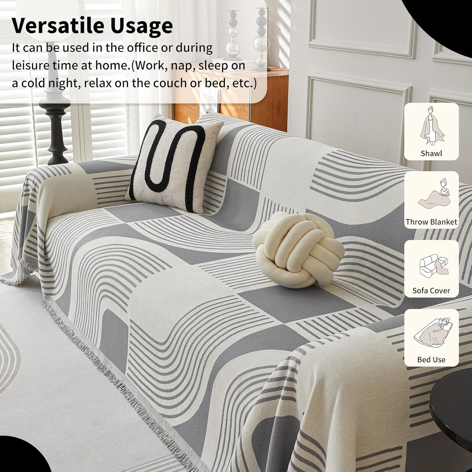 Boho Chenille Couch Cover with Tblockels, Bohemian Sofa Cover for 1 Cushion Couch, Armchair, Chair, 1 Seater (71" x 91", Grey) 4 814Qu0f4vLL. AC SL1500