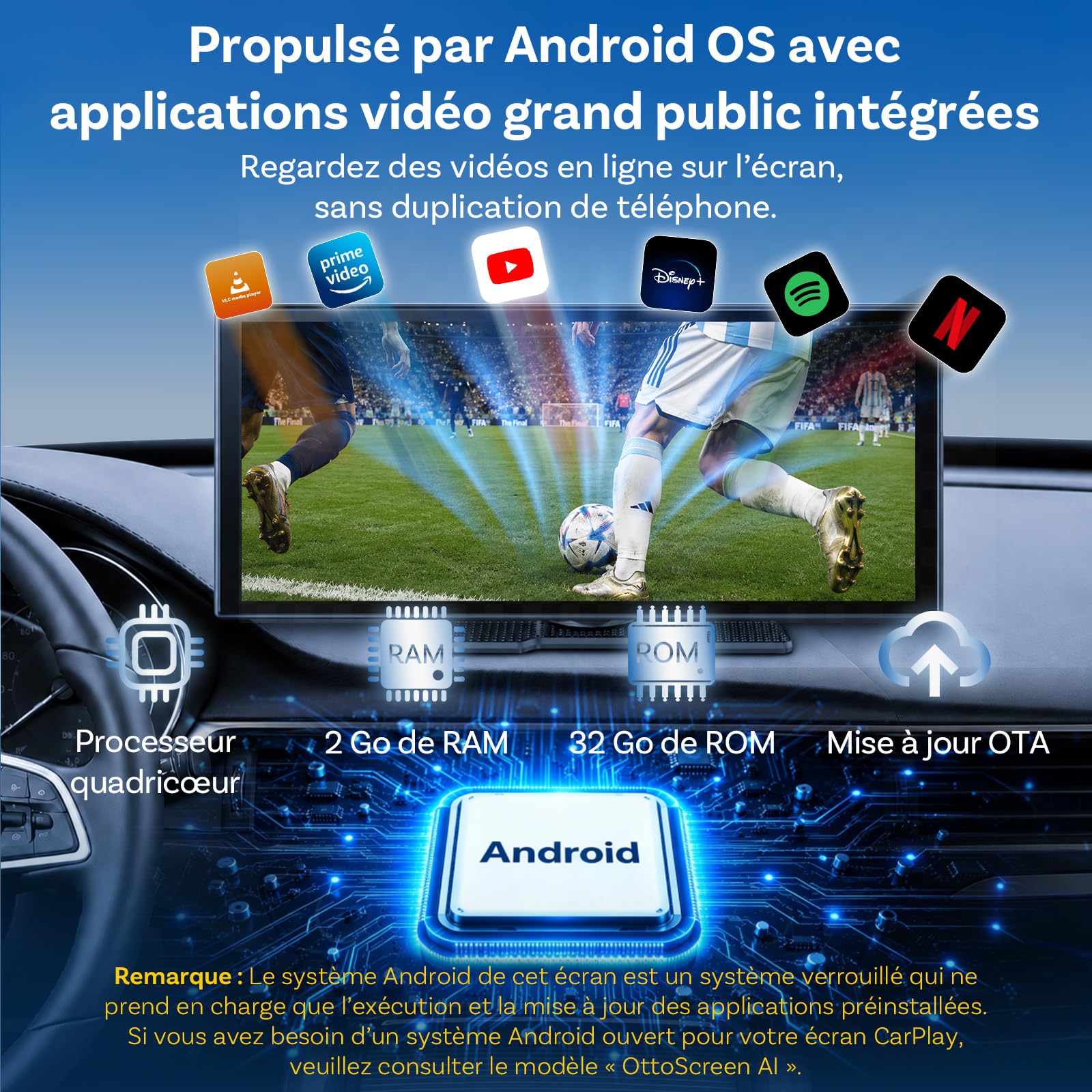 OTTOCAST ScreenFlow, Écran CarPlay 11,4" Pouces,visionnage Youtube/Tiktok, CarPlay et Android Auto,carplay Voiture, écran Tactile 1920 x 720 Pixels, caméra de recul 1080p, Android 13 OS