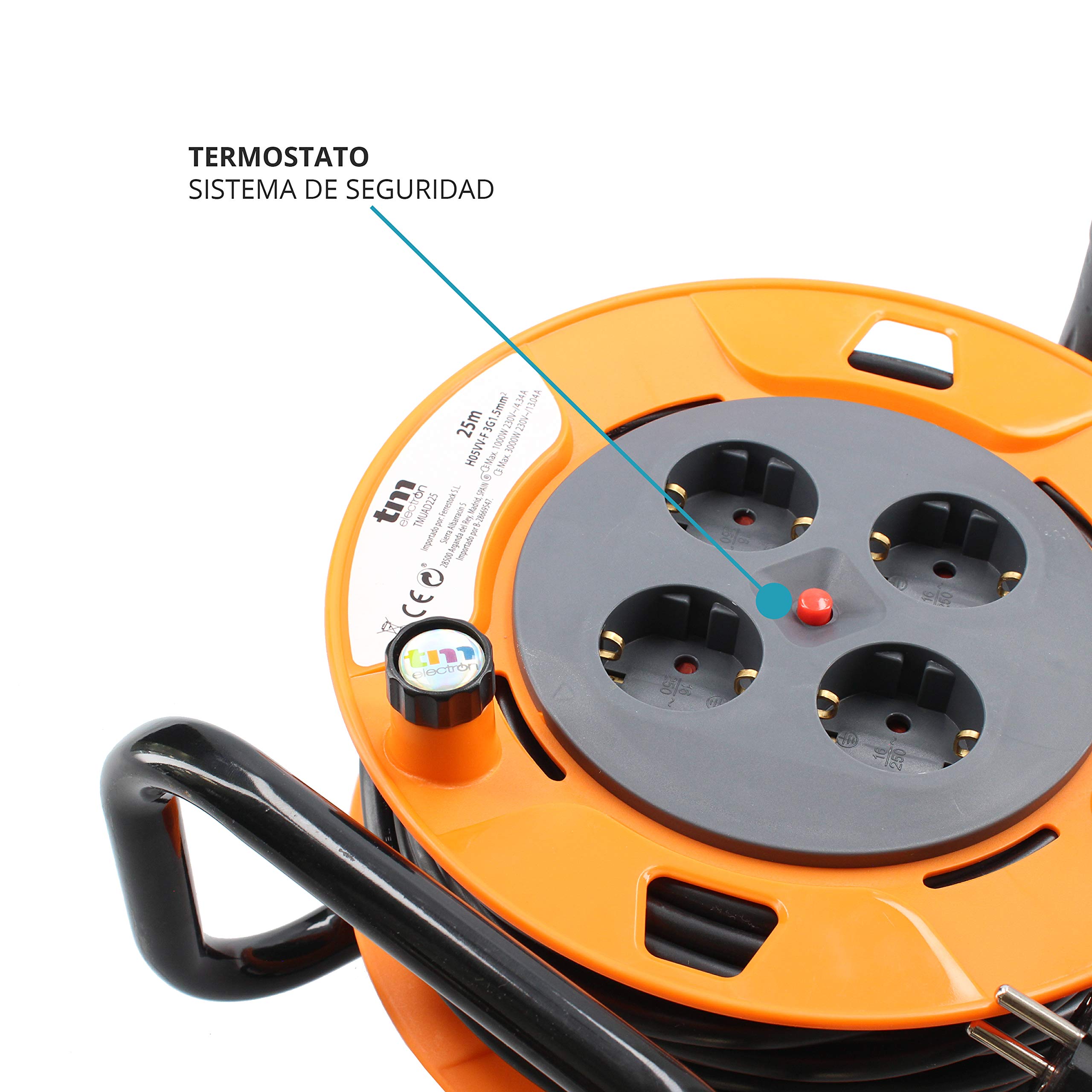 TM Electron TMUAD225 - Cable de alimentación en Bobina Enrollable de 25 Metros con 4 Tomas, Color Naranja