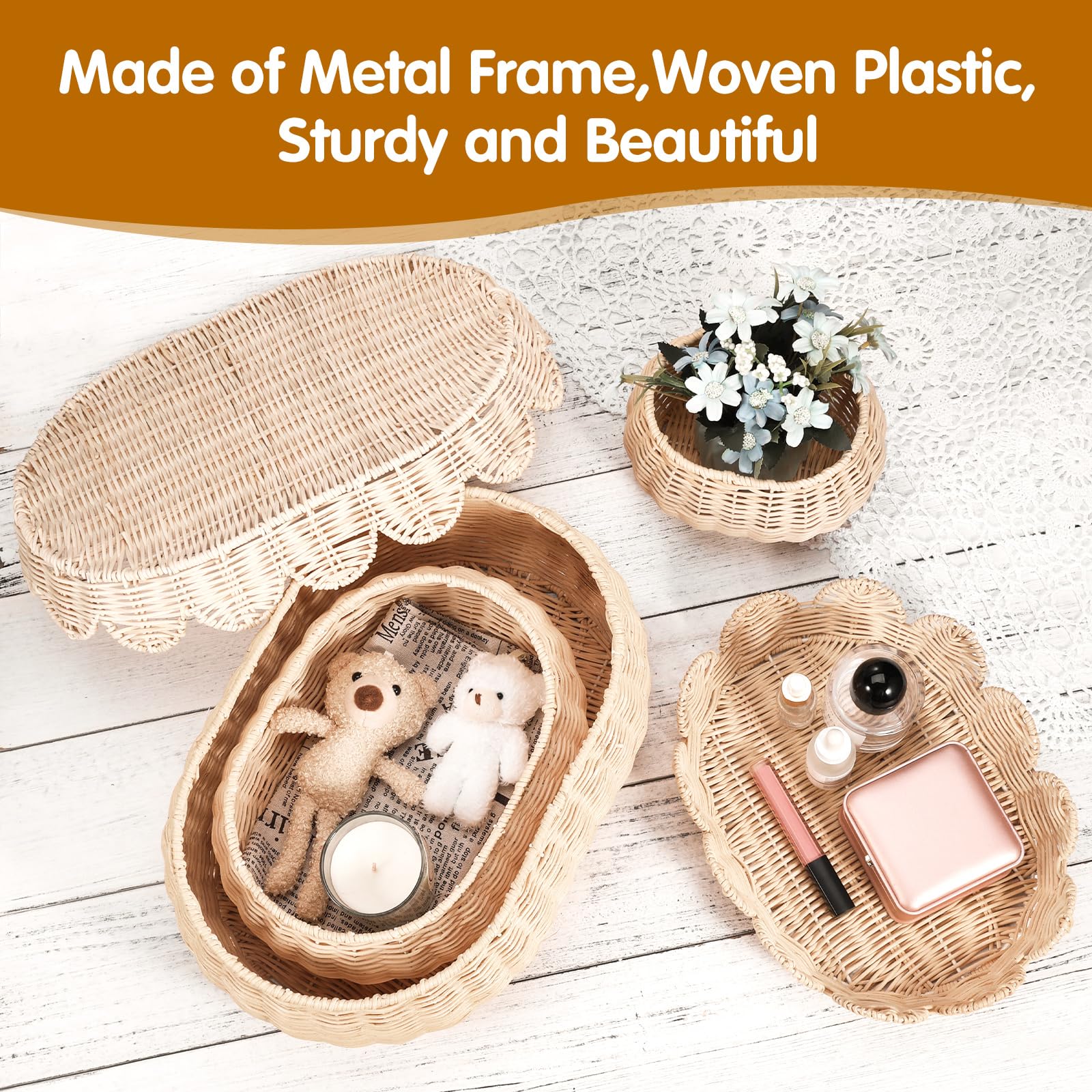 DARCKLE 3 Pcs Small Scalloped Basket, Hand Woven Rattan Basket Set Round Wicker Basket with Lid 16 x 11 x 6 In Wicker Storage Basket for Storage Nursery, Baby, Clothes, Toys Bathroom Decor (S+M+L)