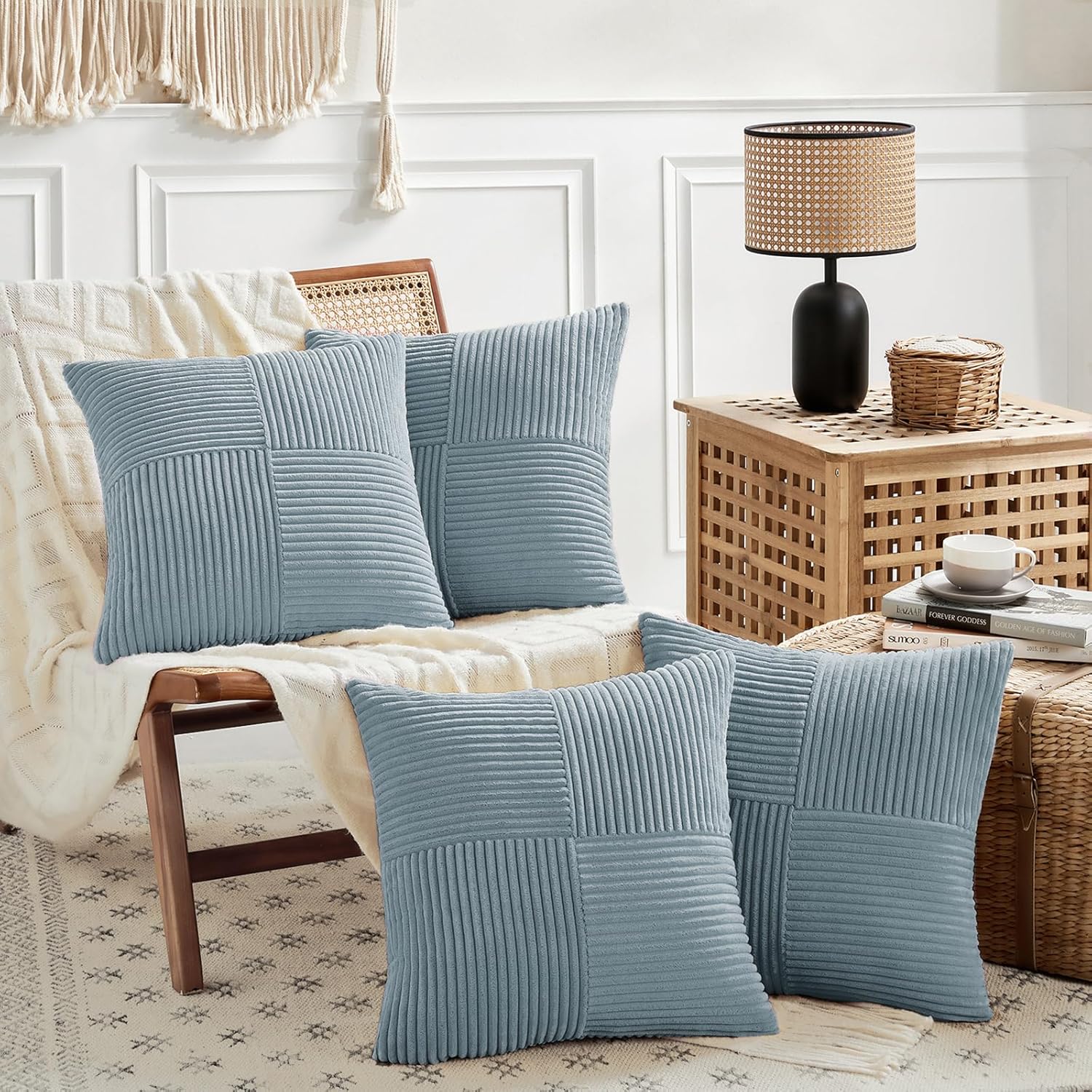 Fancy Homi Set of 4 Light Blue Decorative Throw Pillow Covers 16x16 Inch for Living Room Couch Bed, Rustic Farmhouse Boho Home Decor, Soft Striped Corduroy Textured Square Cushion Case 40x40 cm