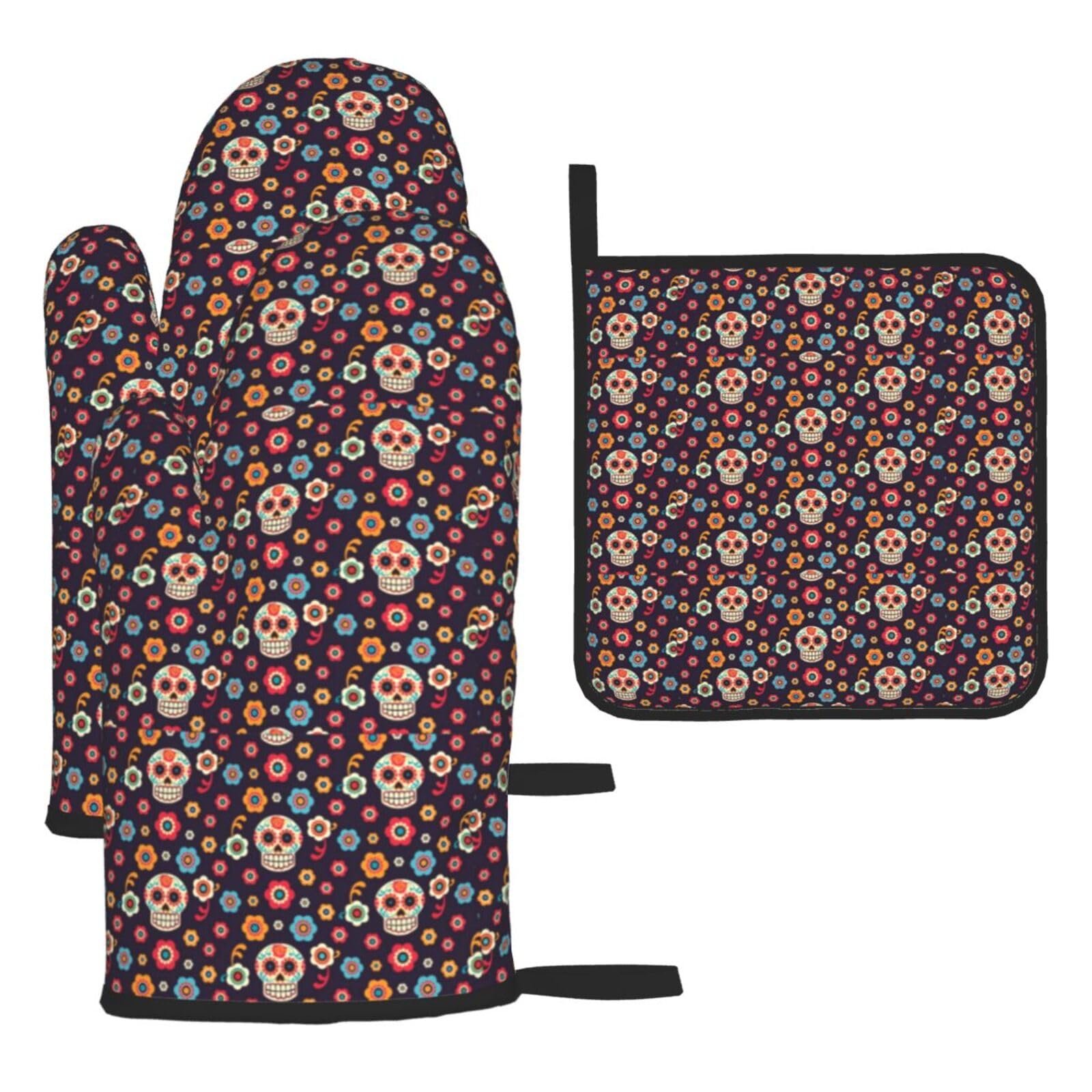 Sugar Skulls Print Oven Set Kitchen Gloves Baking Grilling Microwaving Cooking Gift Everyday Holiday