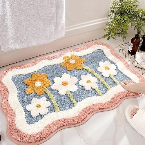PTAEXCEL Bonita alfombra de baño, 32 x 20 pulgadas, extra suave, color rosa, alfombra de área de flores de alta absorción, antideslizante, lavable a