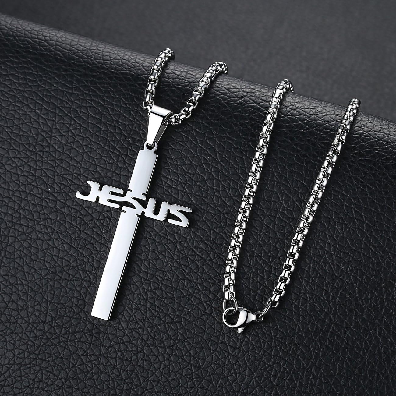 REVEMCN Stainless Steel Jesus Cross Pendant Necklace for Men Women 20-24 Inches Rolo Chain Christian Gifts for Men Faith - Image 3